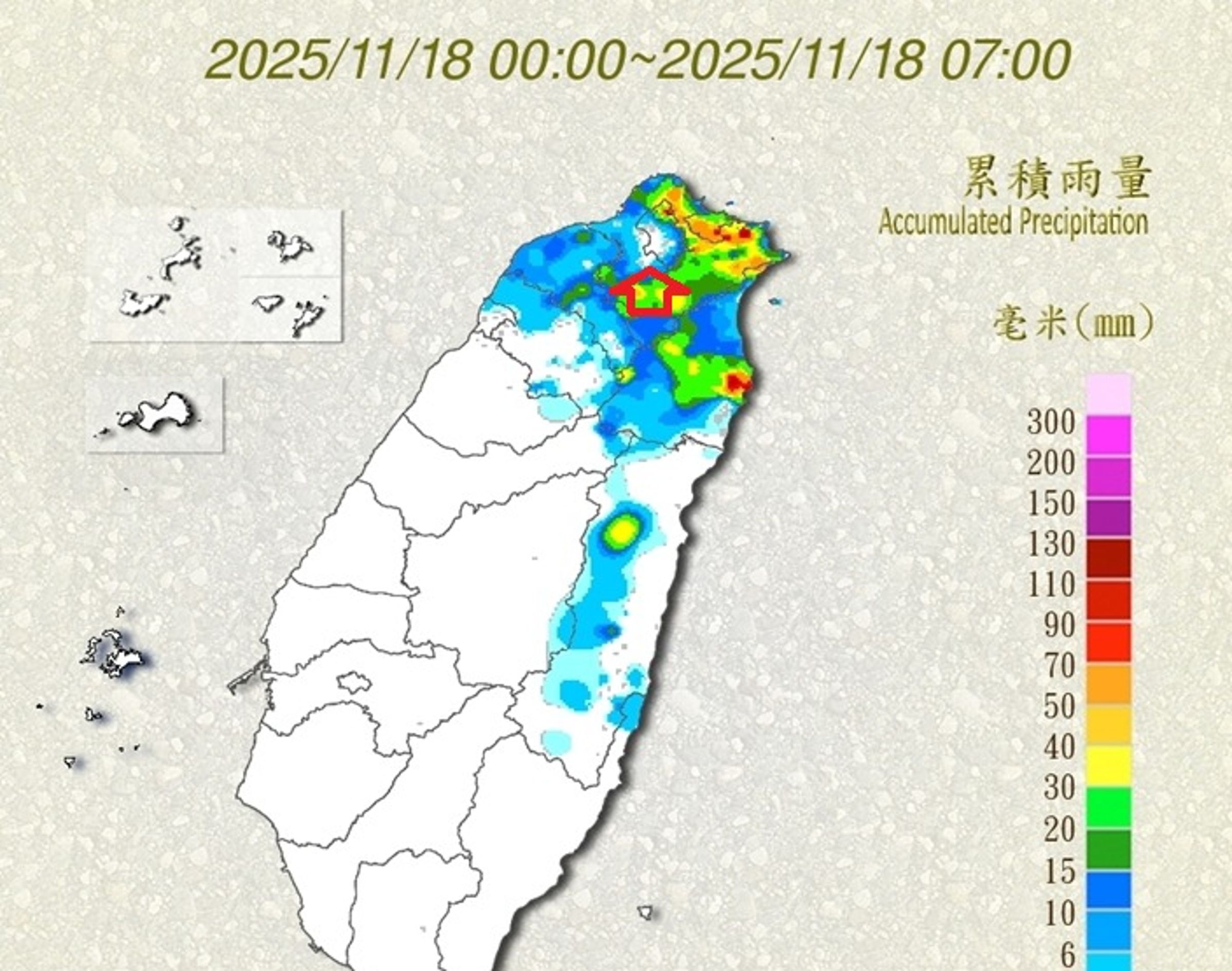 台北士林北投一帶（箭頭處）幾乎沒有雨量。（翻攝鄭明典臉書）