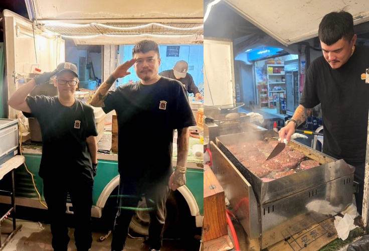 漢堡餐車老闆陳韋強（右）率團隊進入花蓮災區發放餐點，沒想到一名熱心女志工（左圖左）卻因「不回話」被誤會態度差。事後真相讓人鼻酸。（翻攝自臉書/ WOW 哇唬 漢堡工廠）