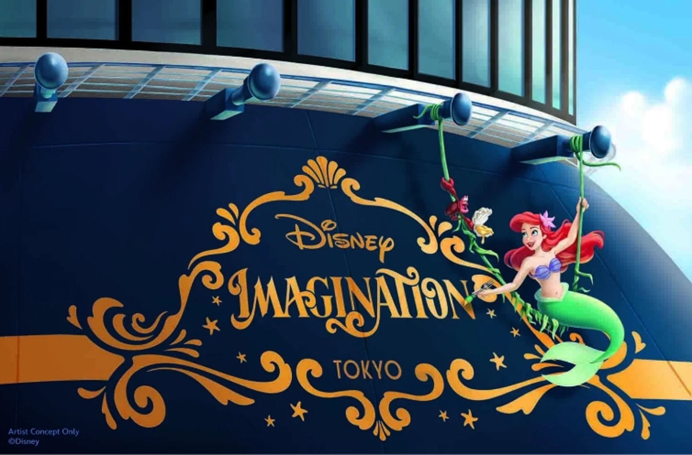 Disney Imagination船尾雕塑為《小美人魚》的主角愛麗兒及螃蟹賽巴斯汀。(翻攝PR Times/©Disney)