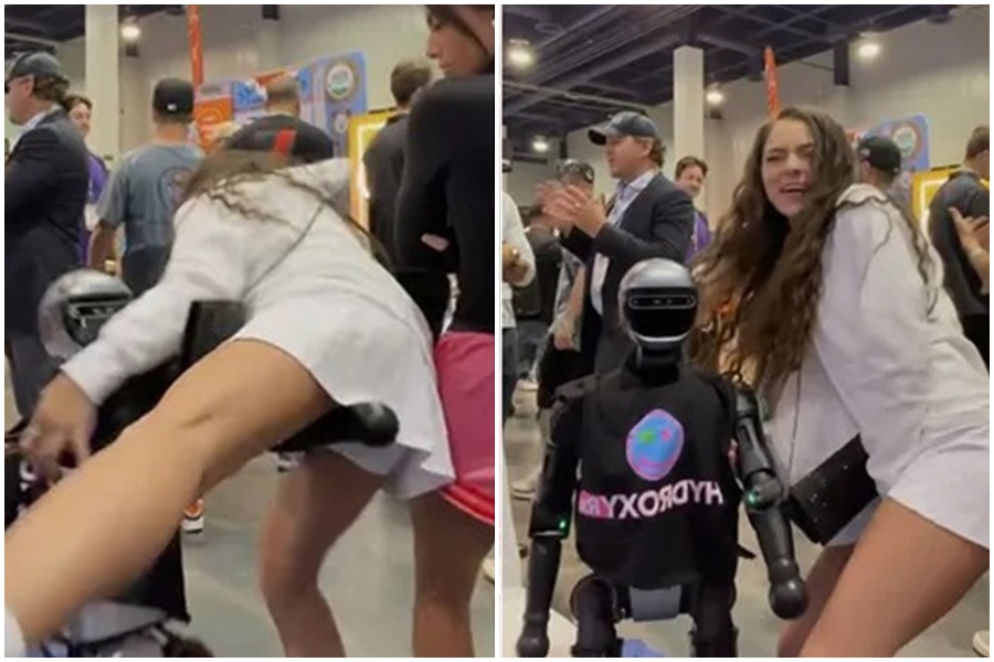 美國一名長髮女子希安娜，意外被展場機器人伸出「鹹豬手」重擊下體。（翻攝自希安娜TikTok）