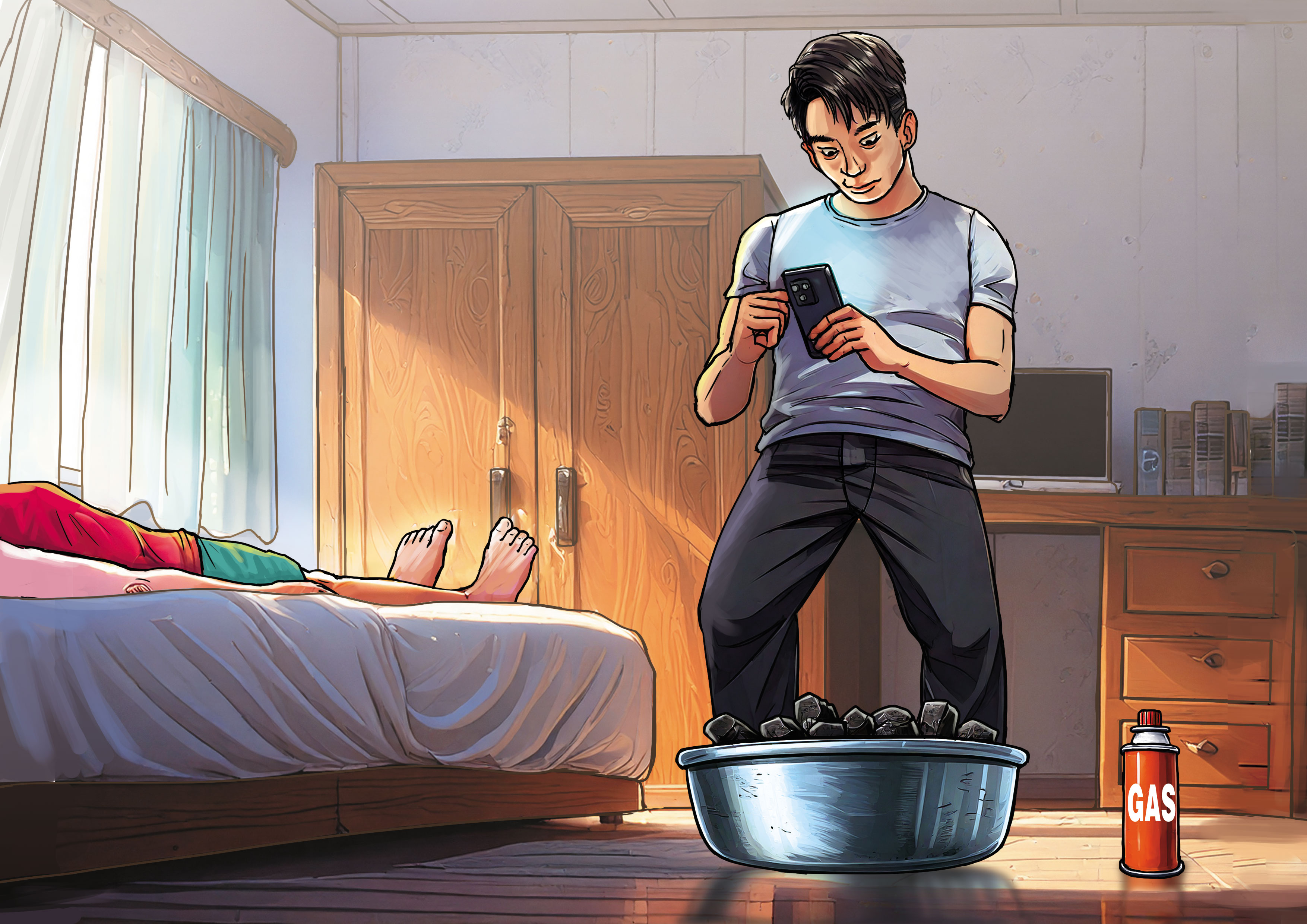 吳典鴻勒斃女友後，故布疑陣，企圖將殺人案偽裝成燒炭自殺案。（AI繪圖Adobe Firefly生成，本刊美術組後製）