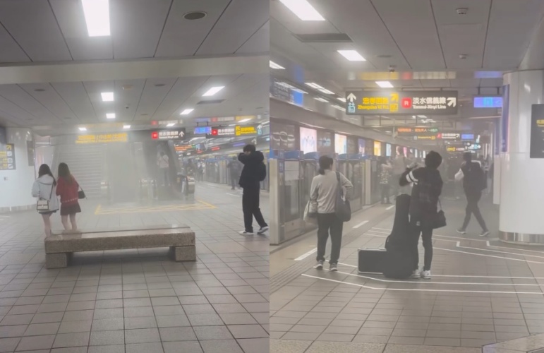台北捷運板南線台北車站M8出口附近，今日傍晚疑似煙霧彈爆炸，民眾緊急疏散，北捷及警方迅速到場處理，列車運行短暫受影響。（Threads網友lesleygdgd提供）