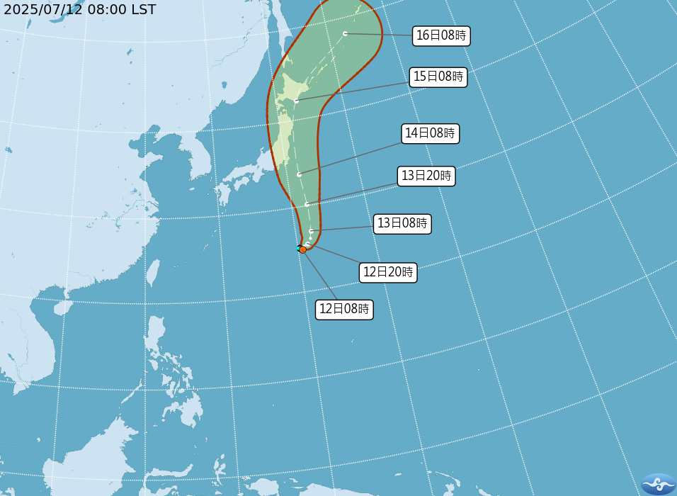 熱帶性低氣壓TD07有可能於今晚至明日晨增強為今年第5號颱風「百合」，並且很快的向北移動。（翻攝自中央氣象署官網）