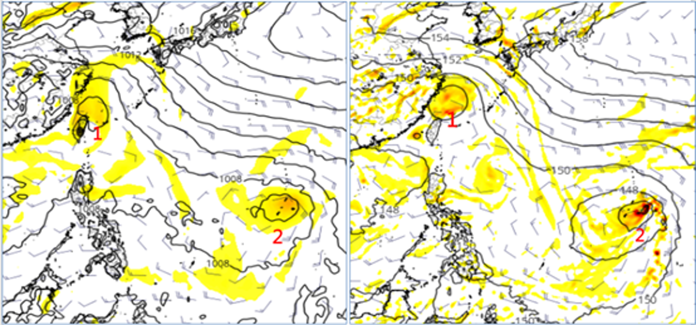 最新歐洲模式(ECMWF,左圖)模擬顯示,10日20時在台灣東北方的擾動(1)結構鬆散、以低壓環流的型態,通過台灣;關島附近則另有擾動(2)醞釀。美國模式(GFS,右圖)所模擬的擾動位置、強度則皆有差異。(翻攝自三立準氣象.老大洩天機/圖擷自tropical tidbits)