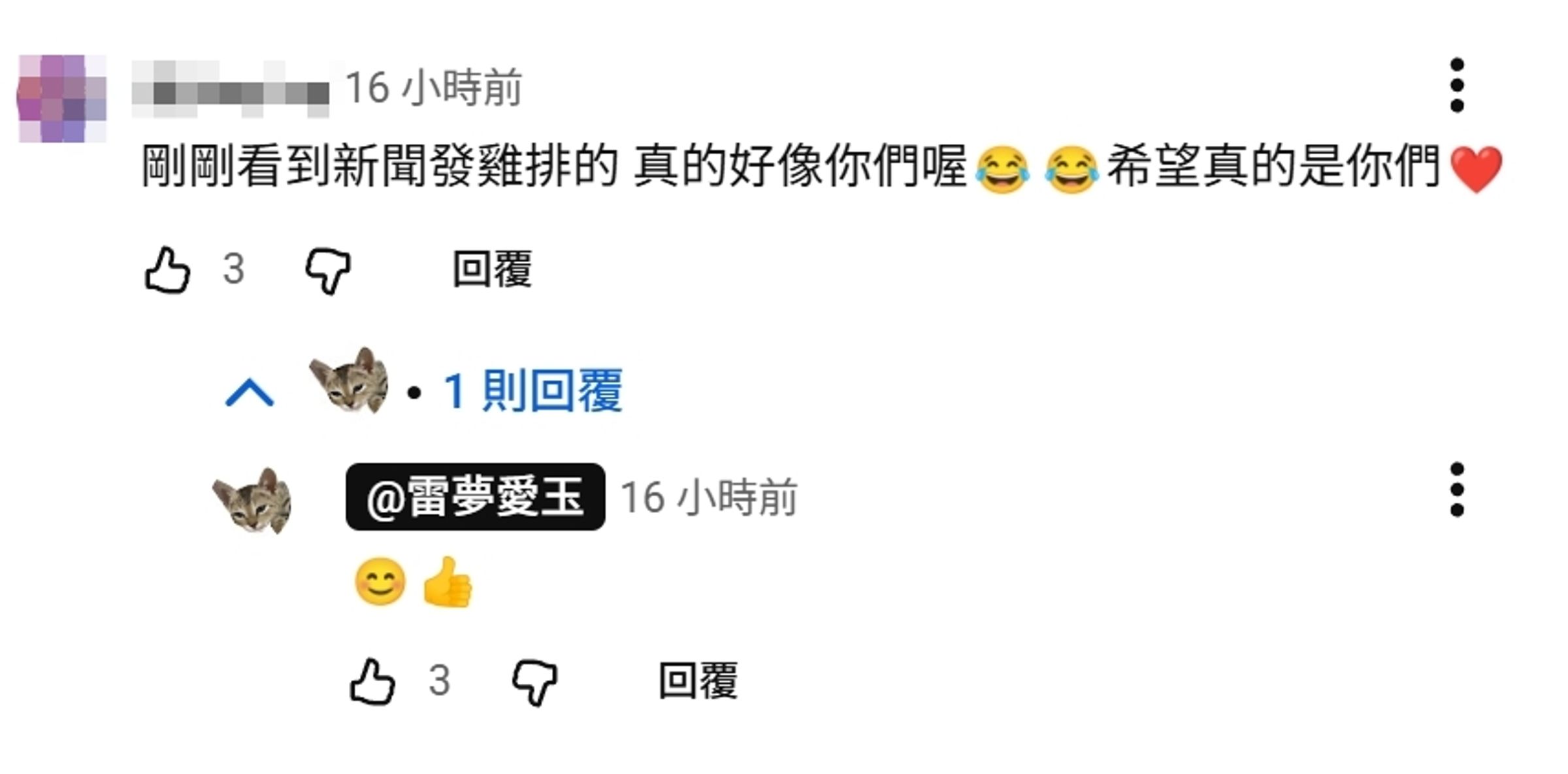 有眼尖的網友發現發放雞排的台大校友，其實是位Youtube創作者，本尊也用貼圖回應對方。（翻攝YT／ 雷夢遊戲頻道-檸檬愛玉）