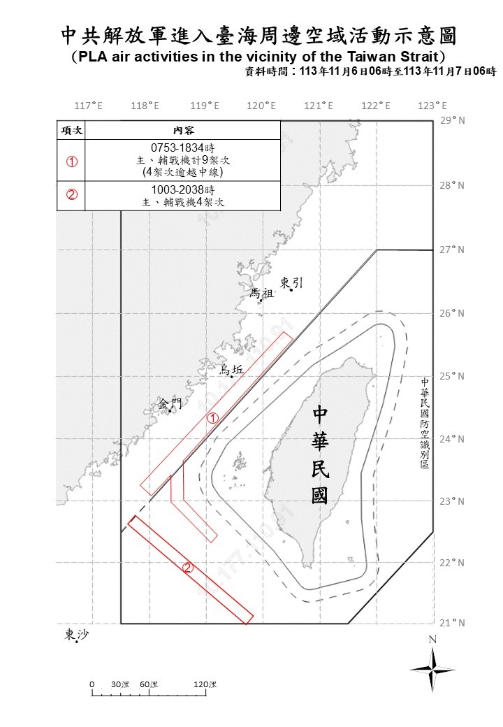 國防部公布中共解放軍臺海周邊海、空域動態。(國防部提供)