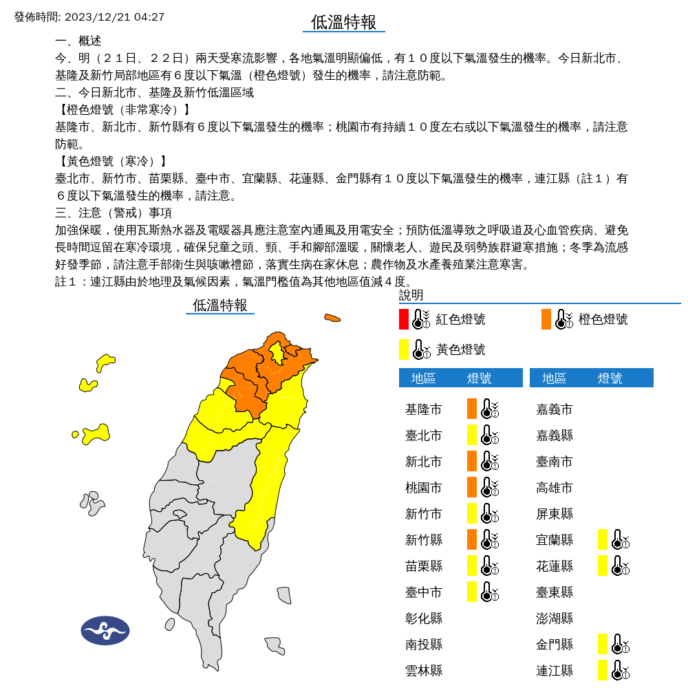 氣象署針對12縣市發布低溫特報。(氣象署提供)