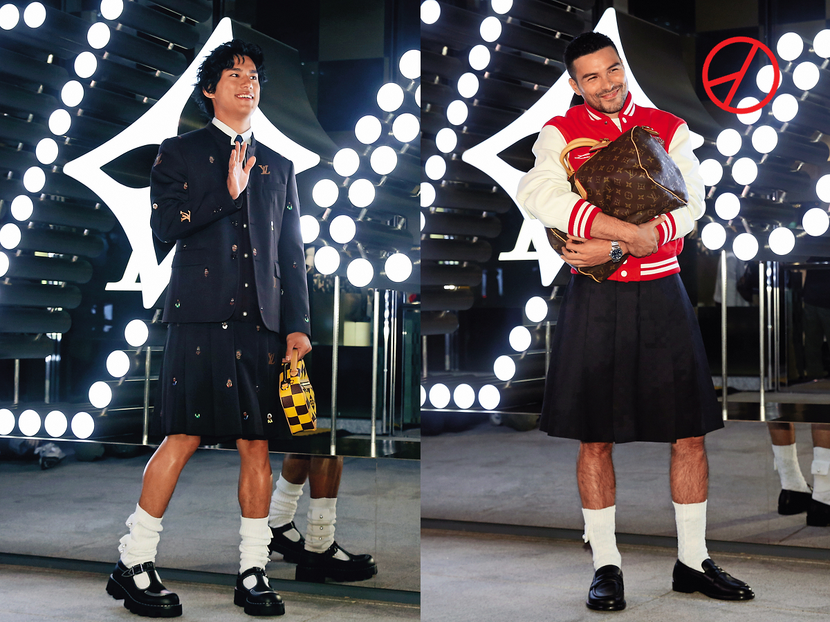 朱軒洋（左圖）嗆聲早就穿過裙裝亮相，聽說蘇格蘭裙裡面是不能穿的…（瞄）／鳳小岳（右圖）穿蘇格蘭裙，英國血統+毛毛腿，不投他對嗎？（好想變成他懷中的包）