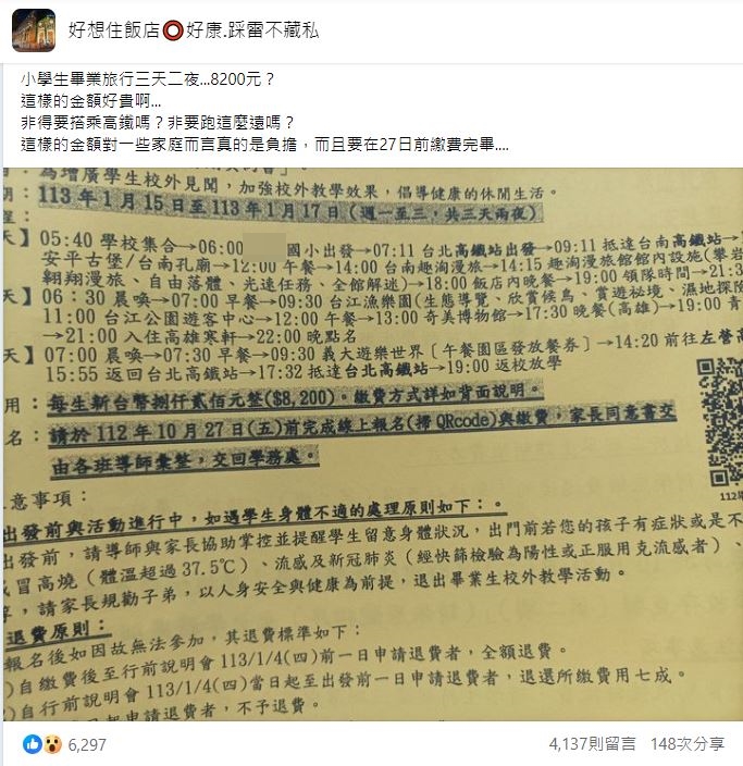 台北市某國小3天2夜畢旅，搭高鐵到台南及高雄玩。（翻攝自好想住飯店⭕好康.踩雷不藏私臉書）