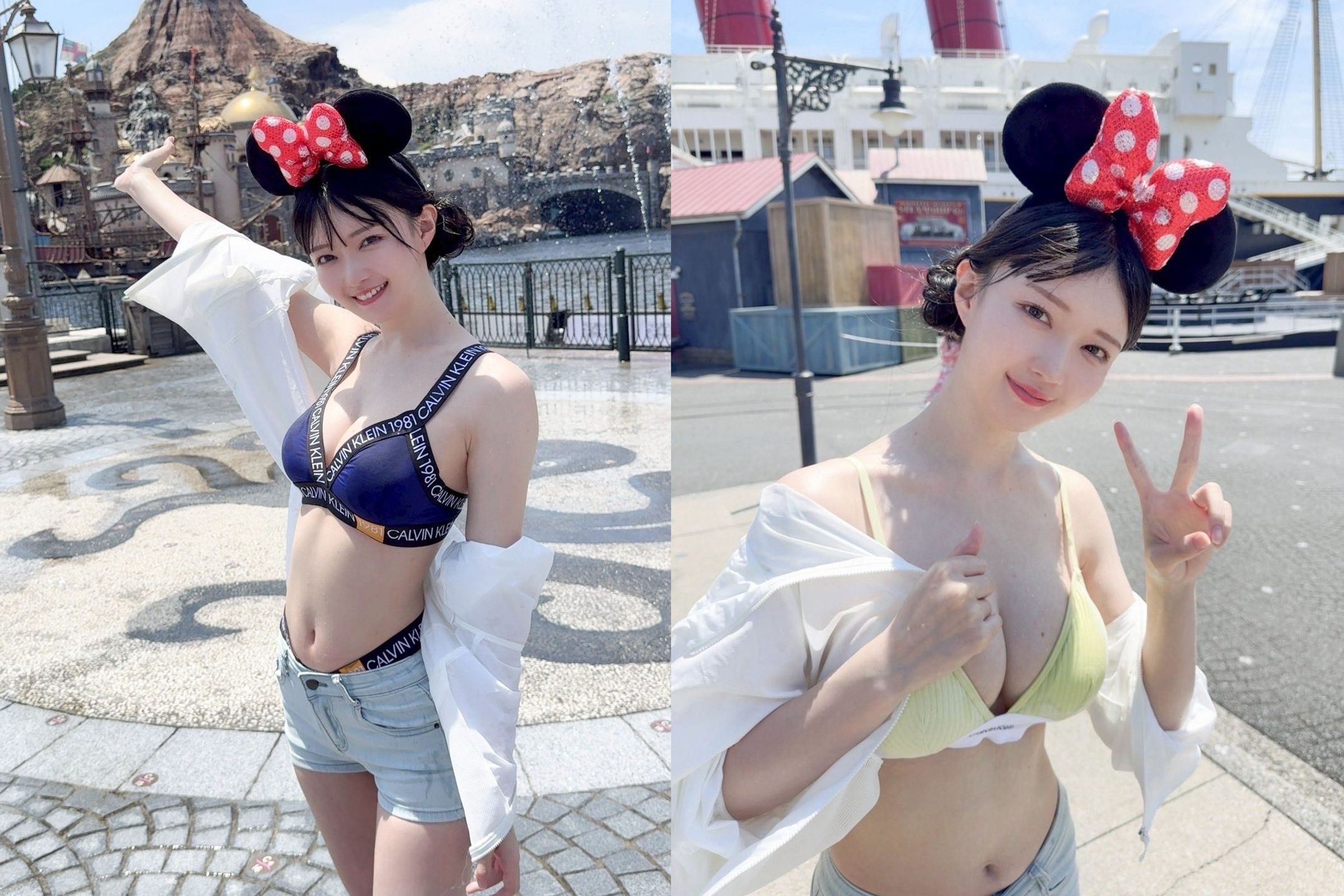 1名櫻花妹日前在東京迪士尼海洋拍攝並發布穿著暴露的照片與影片,在社群媒體上引發熱議。(翻攝自@uta_0609 X)