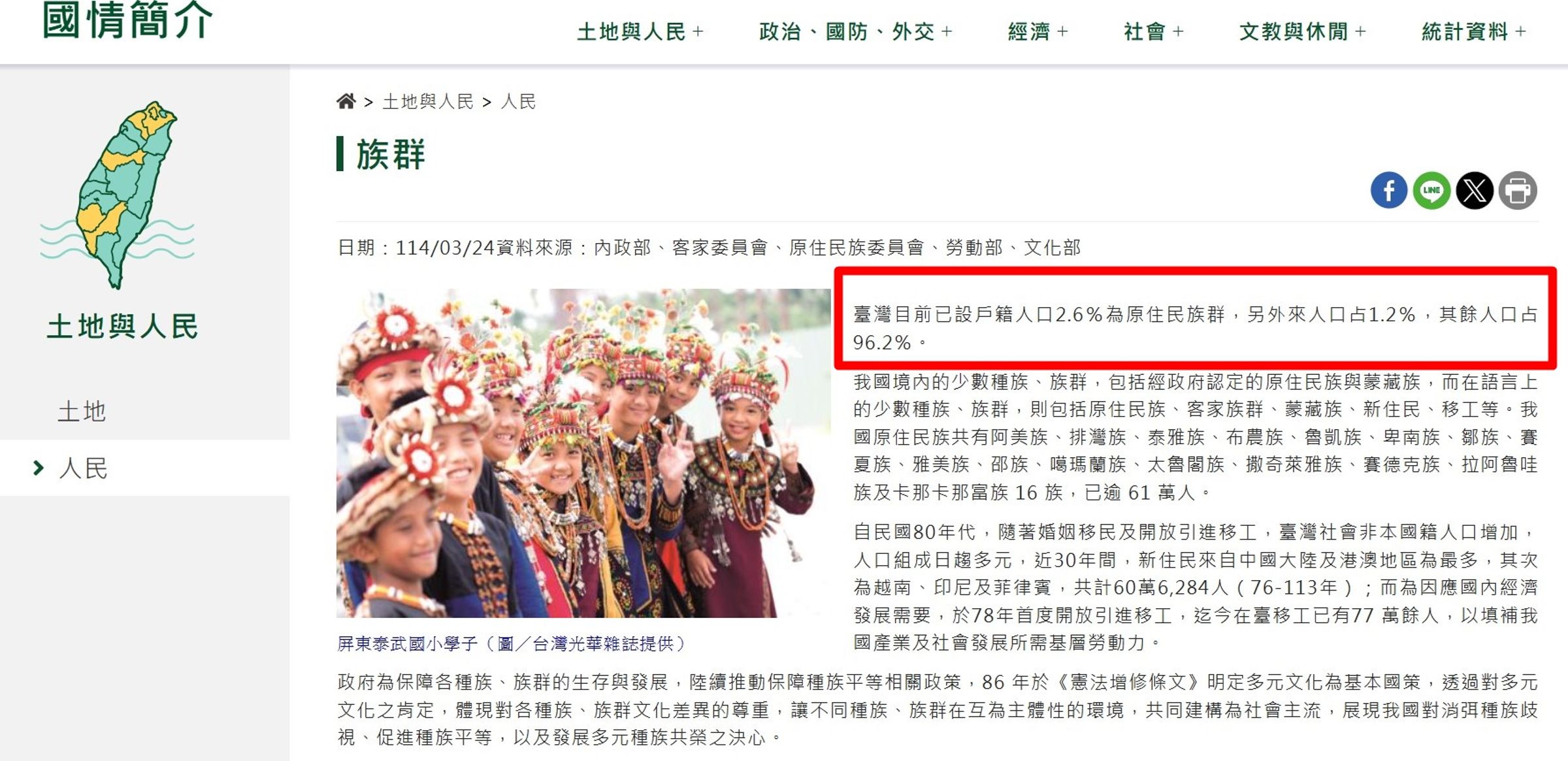 行政院官網的國情介紹，將占總人口逾96％的最大族群「漢人」改為「其餘人口」，引發討論。（翻攝自行政院官網）