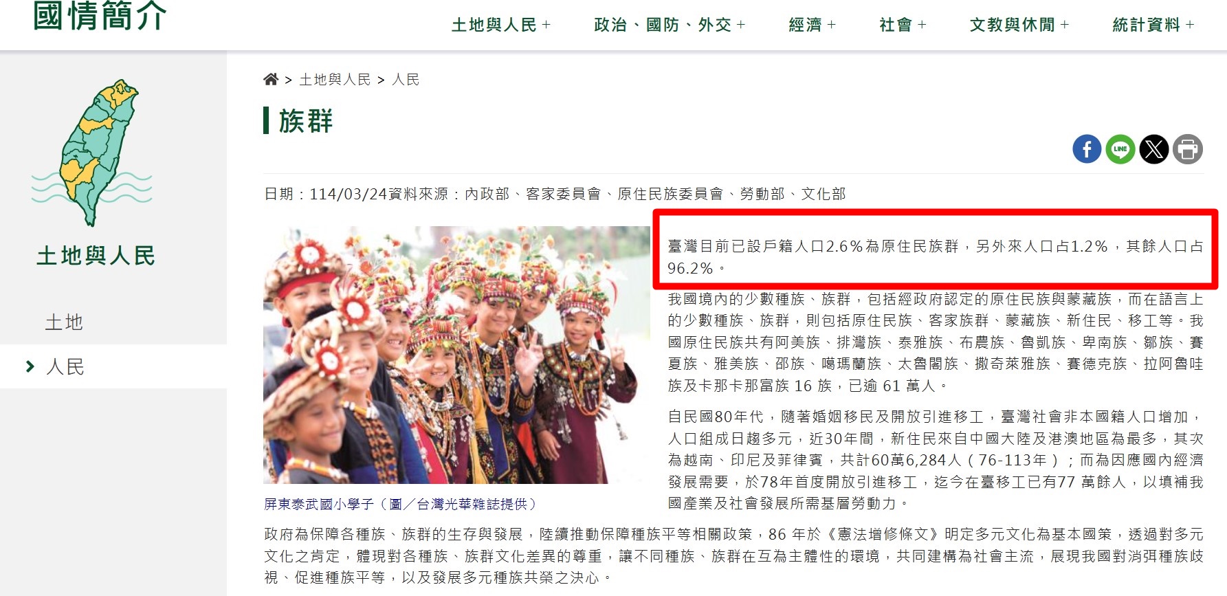 行政院官網的國情介紹，將占總人口逾96％的最大族群「漢人」改為「其餘人口」，引發討論。（翻攝自行政院官網）
