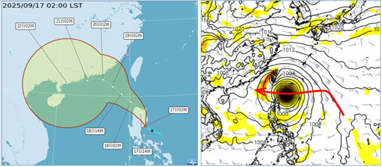  「熱帶低壓」明日可能發展為「輕颱米塔」，並逐漸轉向偏西（左圖）。另一「熱帶系統」即將進入巴士海峽，繼續向西進行（右圖）。（翻攝自「洩天機教室」專欄）