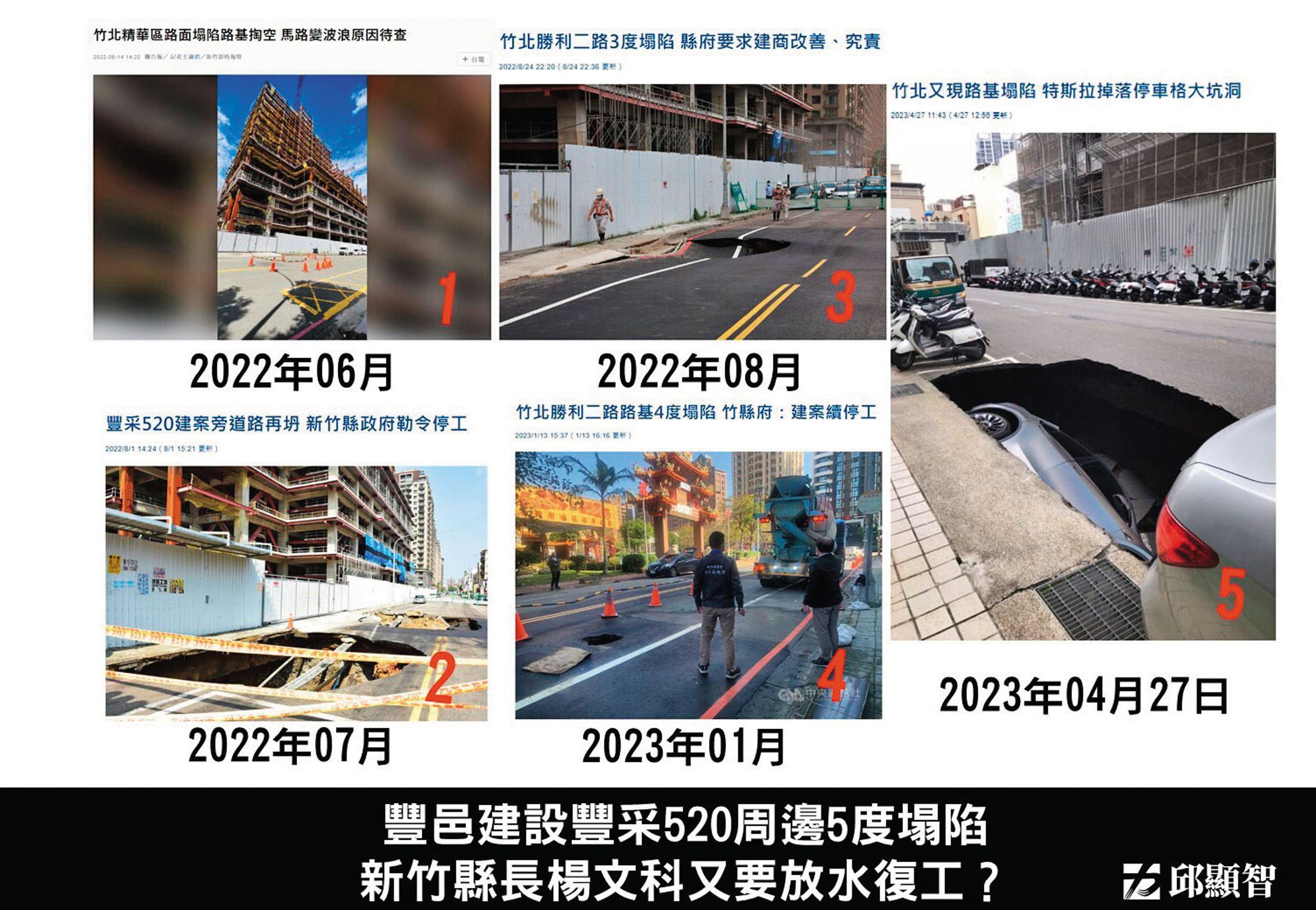 豐邑竹北建案前後5次塌陷，4次停工，3次復工，檢調質疑縣府包庇建商。（翻攝邱顯智臉書）