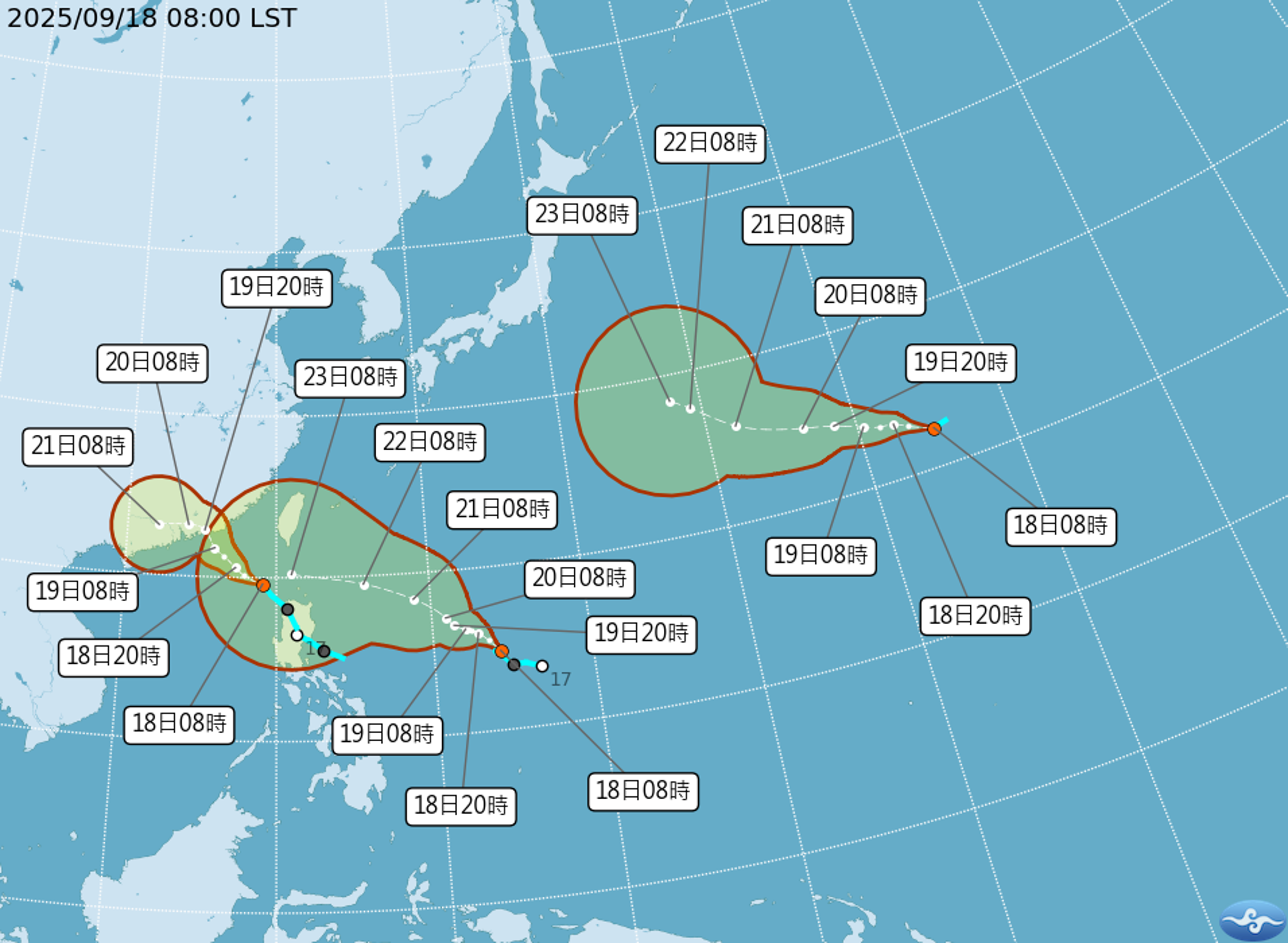 「觀氣象看天氣」提及,西太平洋上十分熱鬧,短短2天內就有3個熱帶性低氣壓形成,目前都有發展成颱風的潛力。(翻攝自中央氣象署官網)