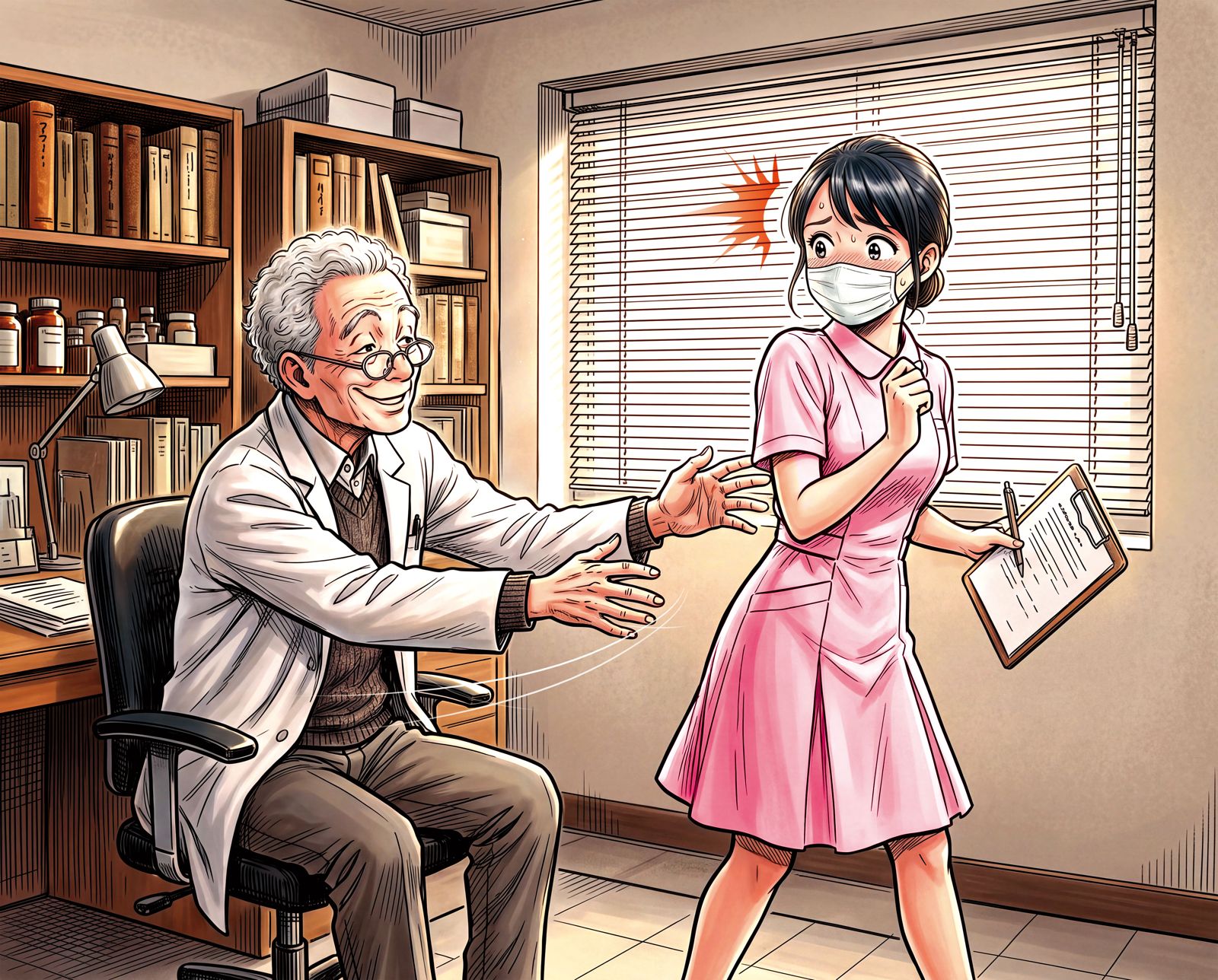 陳博光（左）以「想知道妳有沒有變胖或變瘦」為由，摸、捏護理師小美（右）的腰。（示意畫面，AI繪圖magnific生成，本刊美術組後製）