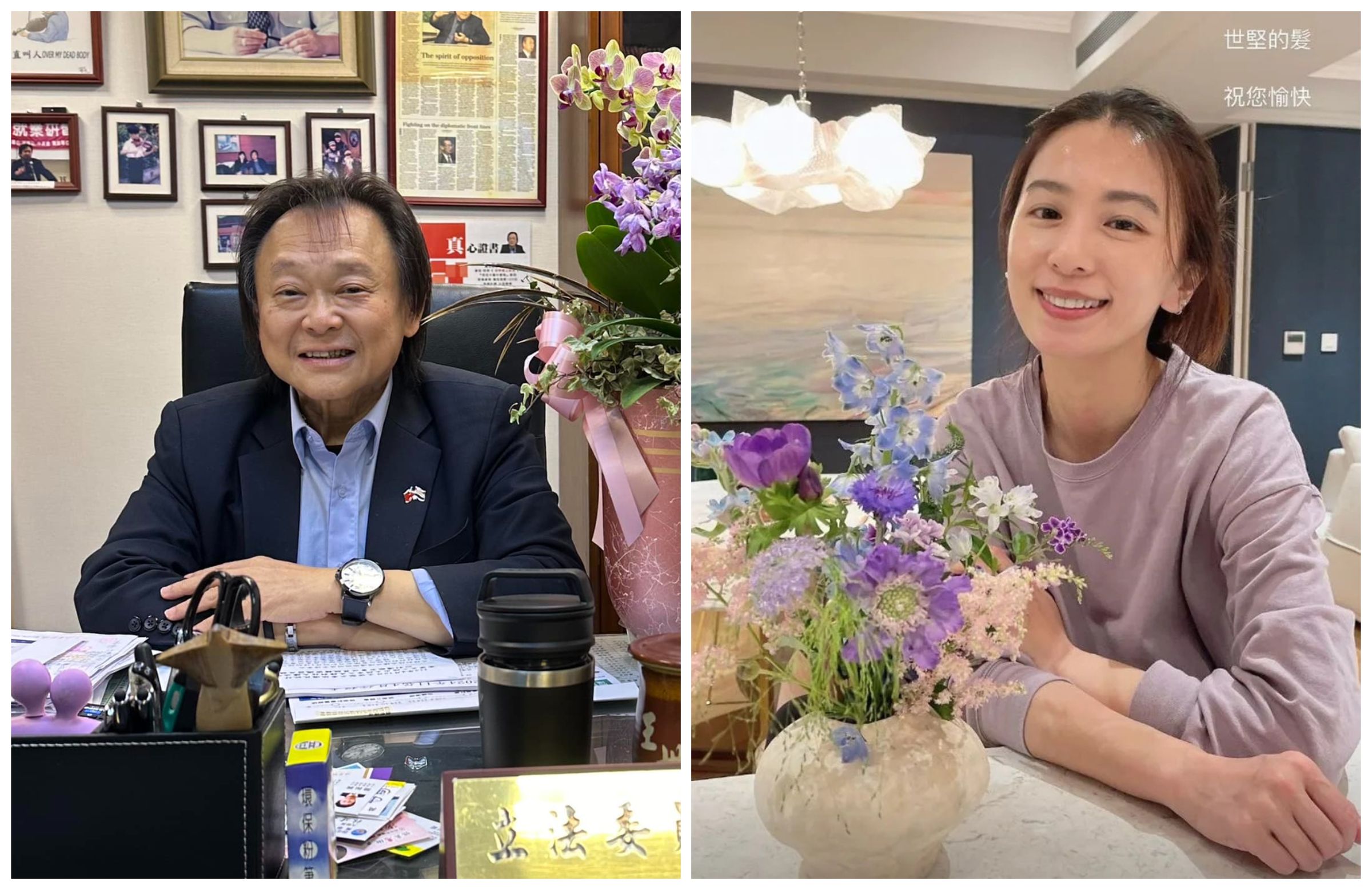 田馥甄(右圖)自嘲亂髮很像王世堅(左圖),王貼了一張動作相似的照片,回覆田馥甄。(翻攝田馥甄IG、王世堅臉書)