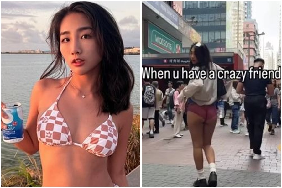 網紅嘿尼赴香港旅遊在地鐵站外，掀裙露底褲，引發爭議。（翻攝自嘿尼IG）