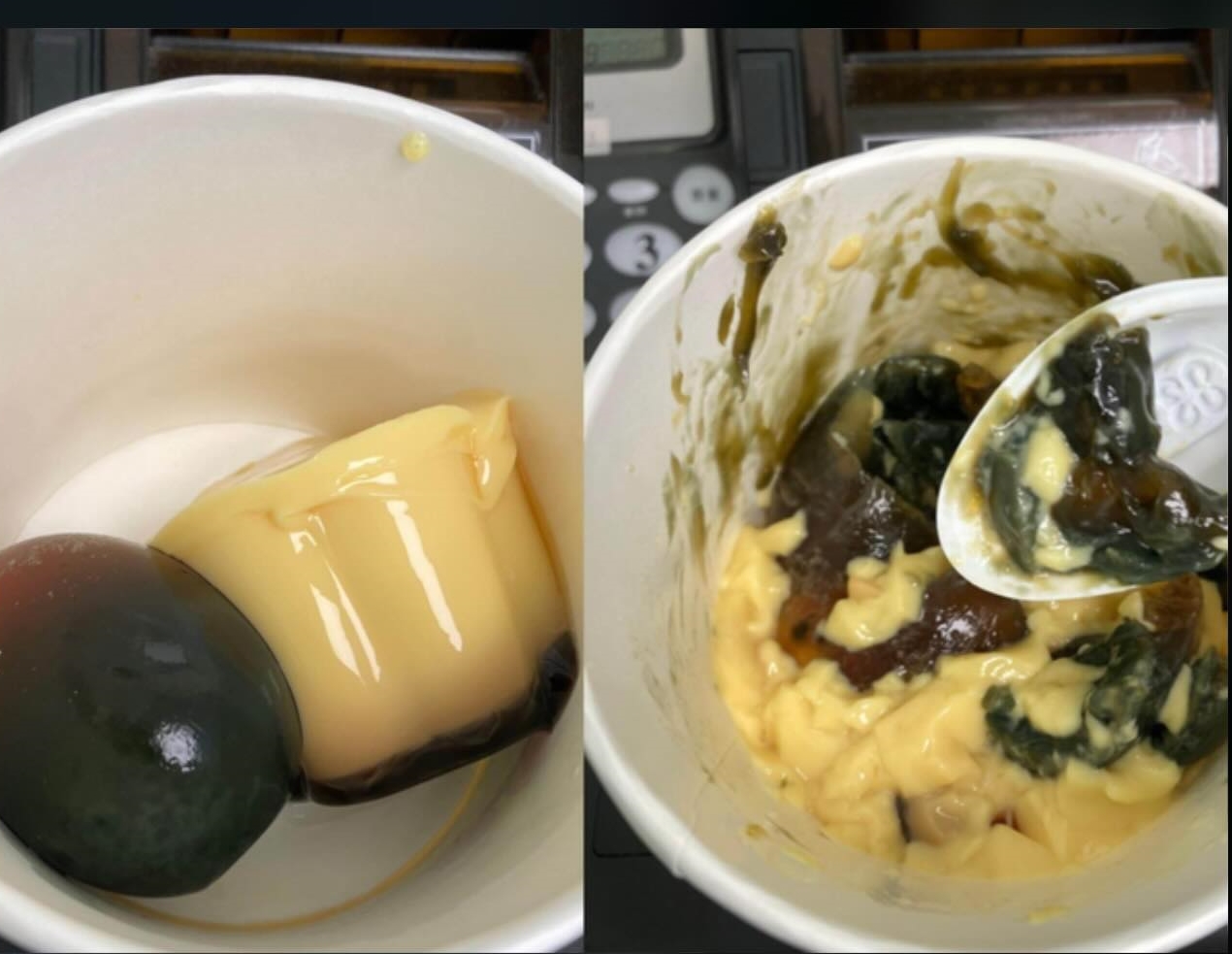 網友大推皮蛋拌布丁的獵奇料理。（Threads@ling.shuang_授權提供）