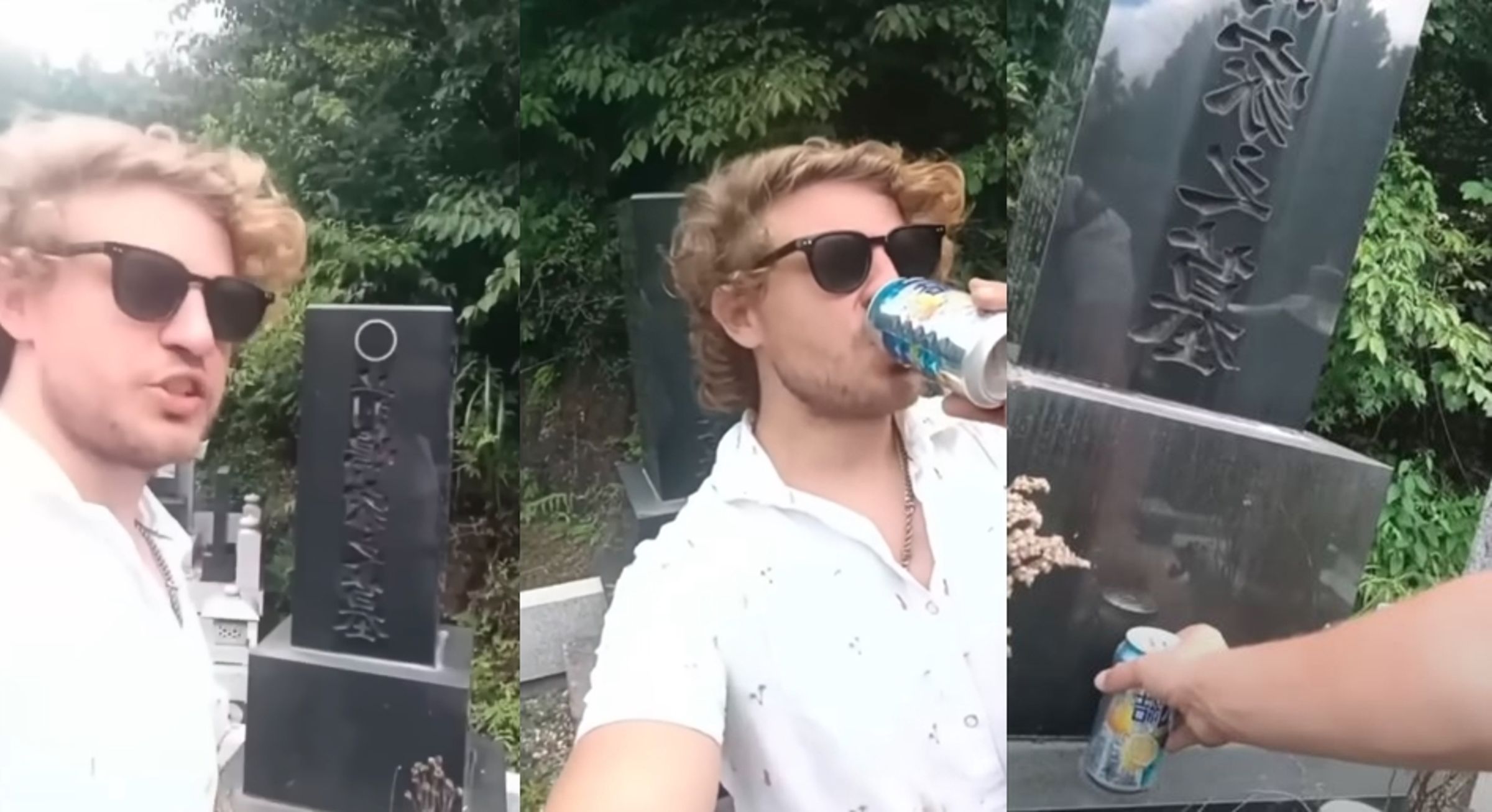 澳洲籍網紅瓊斯行經墓地喝掉留給亡者的啤酒供品，引發網友撻伐。（翻攝畫面）