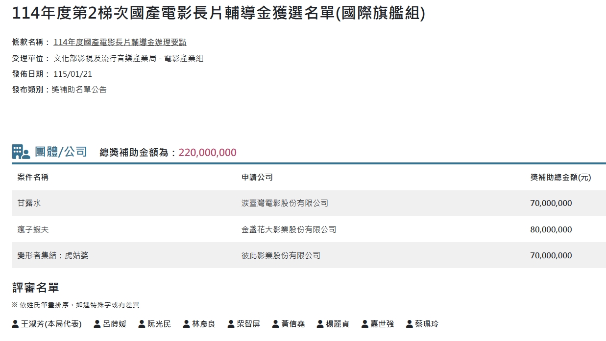 文化部公告補助名單及評審。(翻攝自文化部官網)