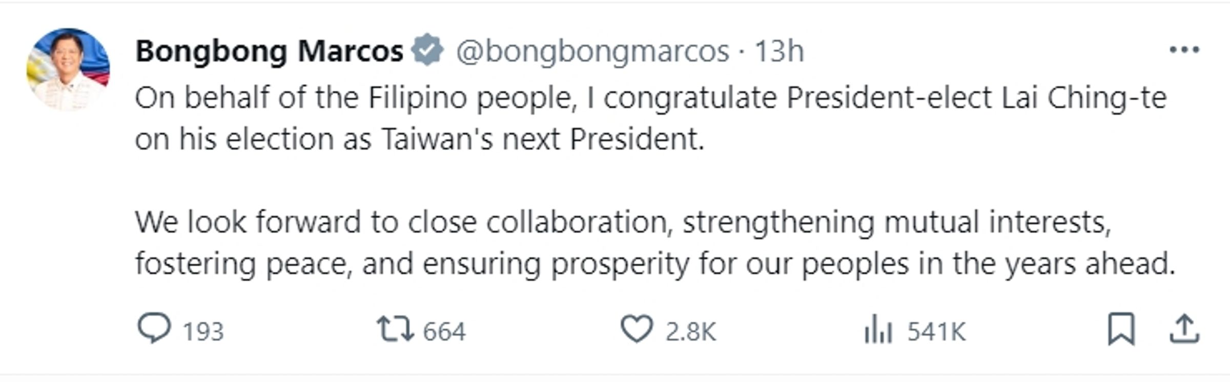 小馬可仕發文祝賀賴清德當選台灣總統。（翻攝自X@bongbongmarcos）