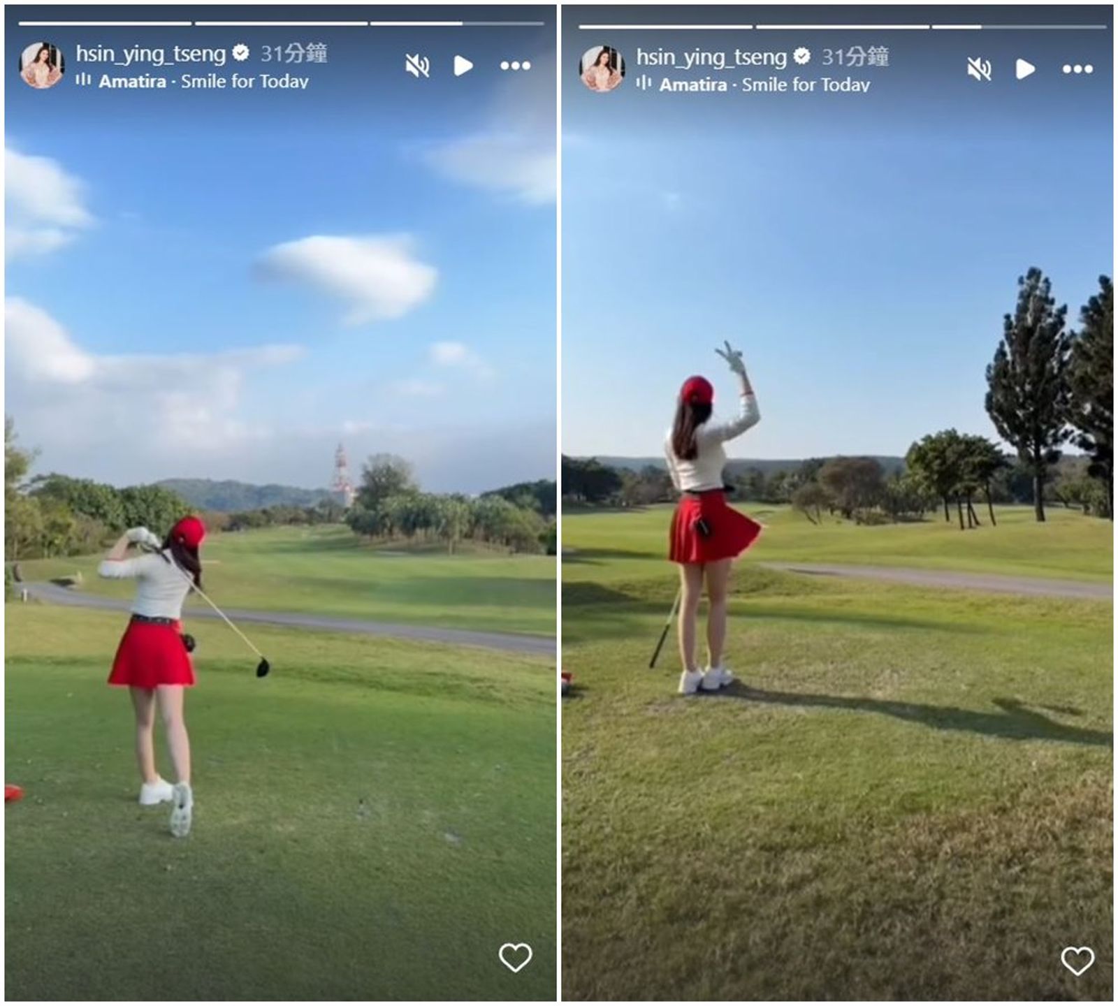 曾馨瑩曬出自己打球的英姿，穿紅裙子十分吸睛。（翻攝曾馨瑩IG）