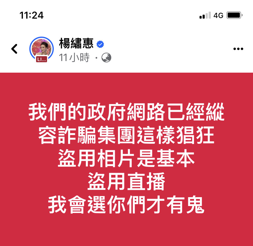 楊繡惠在臉書留言直指詐騙集團猖獗。(楊繡惠臉書)