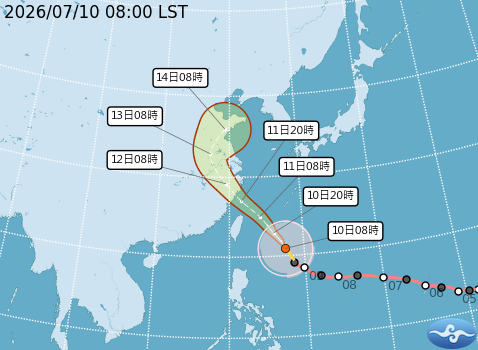 颱風「巴威」10時的中心位置在北緯21.1度、東經127.4度,即在鵝鑾鼻的東方約680公里之處,以每小時25公里速度,向西北進行。(翻攝自中央氣象署官網)