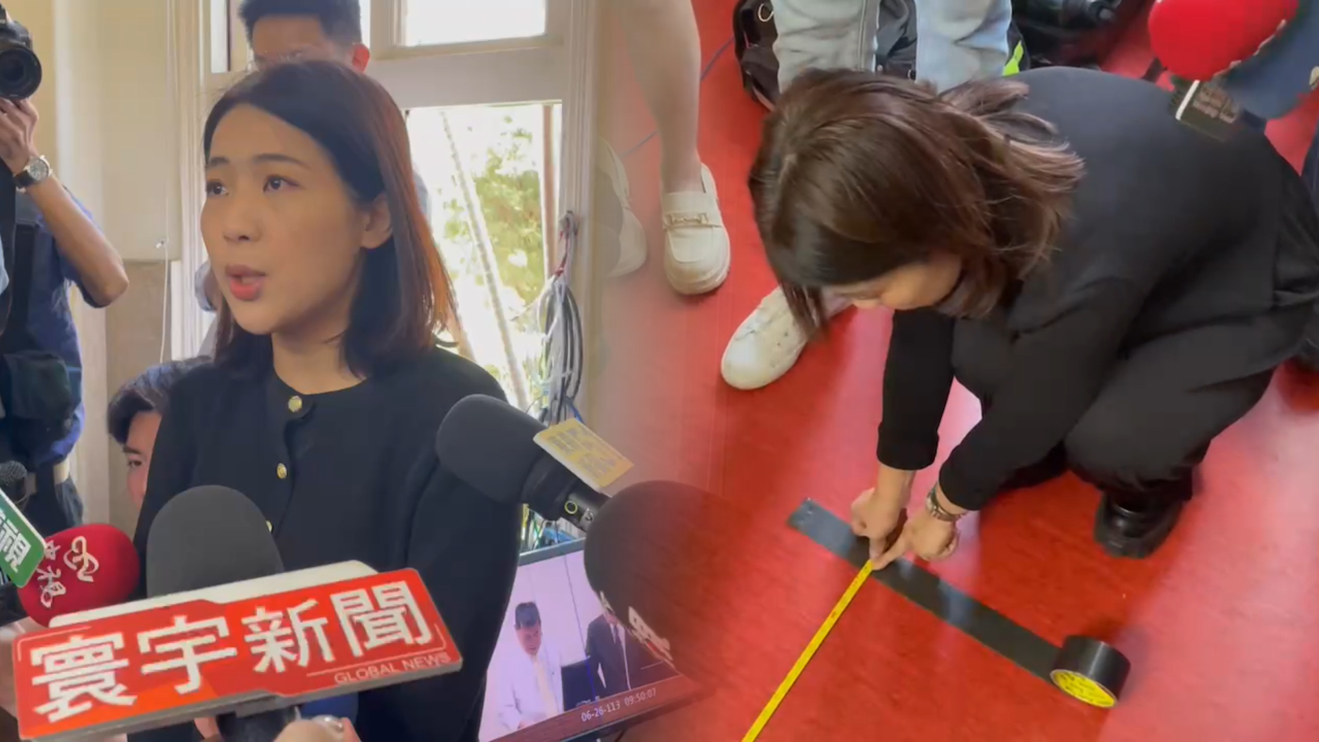 徐巧芯現身民進黨團外，拿出捲尺量1公尺稱要聲援陳玉珍。（翻攝畫面）