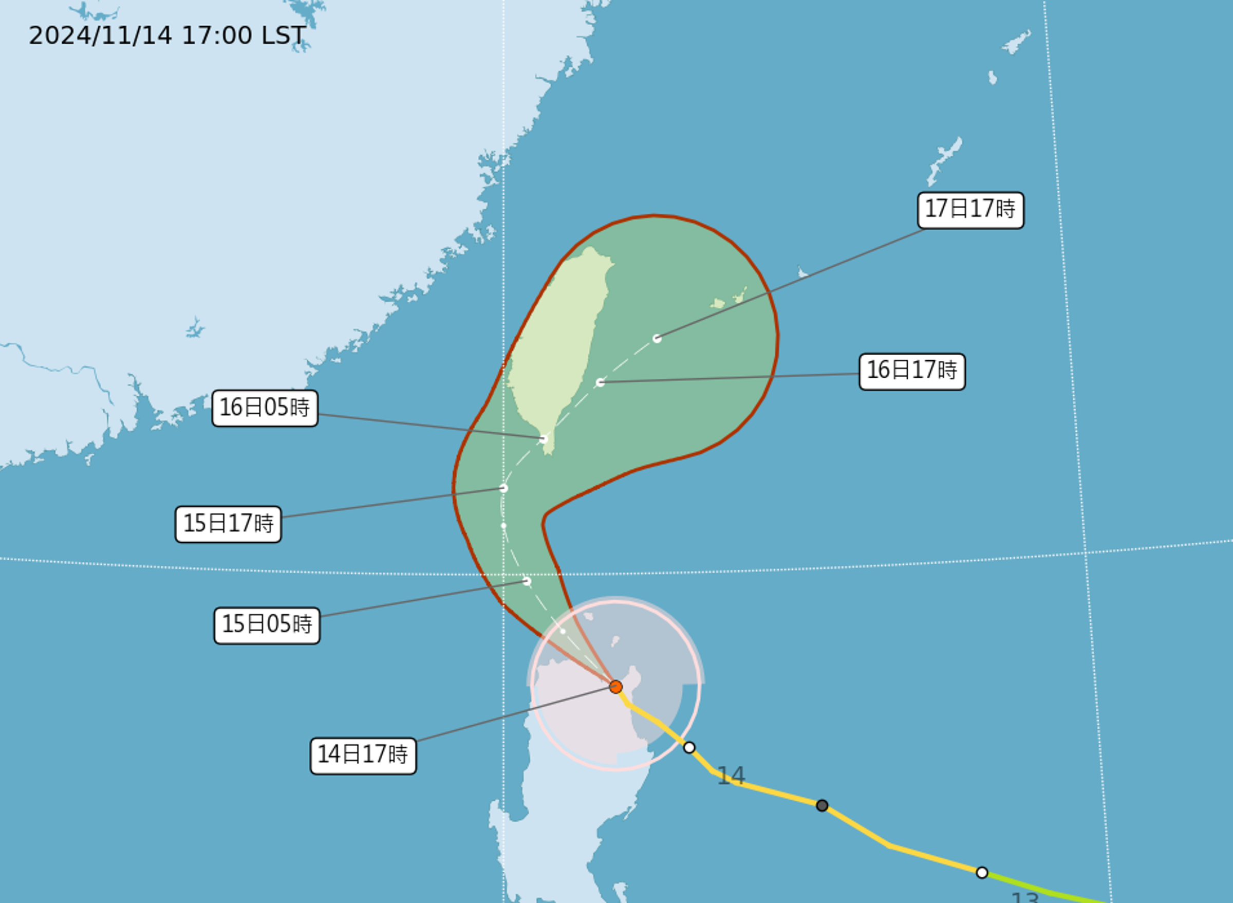 中央氣象署17時30分發布陸上警報,提醒將對屏東及恆春半島將構成威脅。(中央氣象署提供)