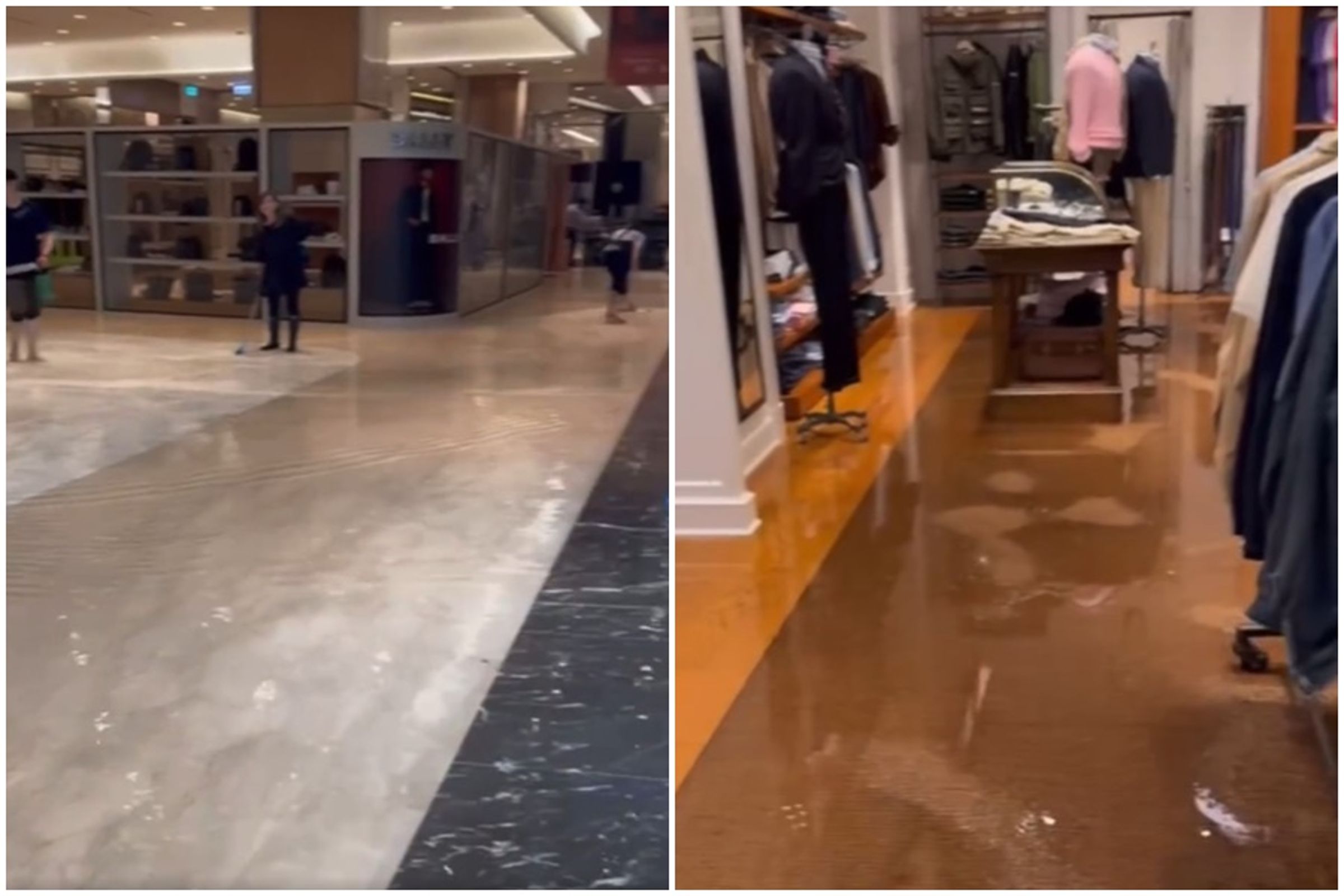 高雄鼓山區的義享天地一樓進水,其中一家服飾品牌的木地板全泡在水裡。(翻攝自高雄點 Kaohsiungtien臉書)