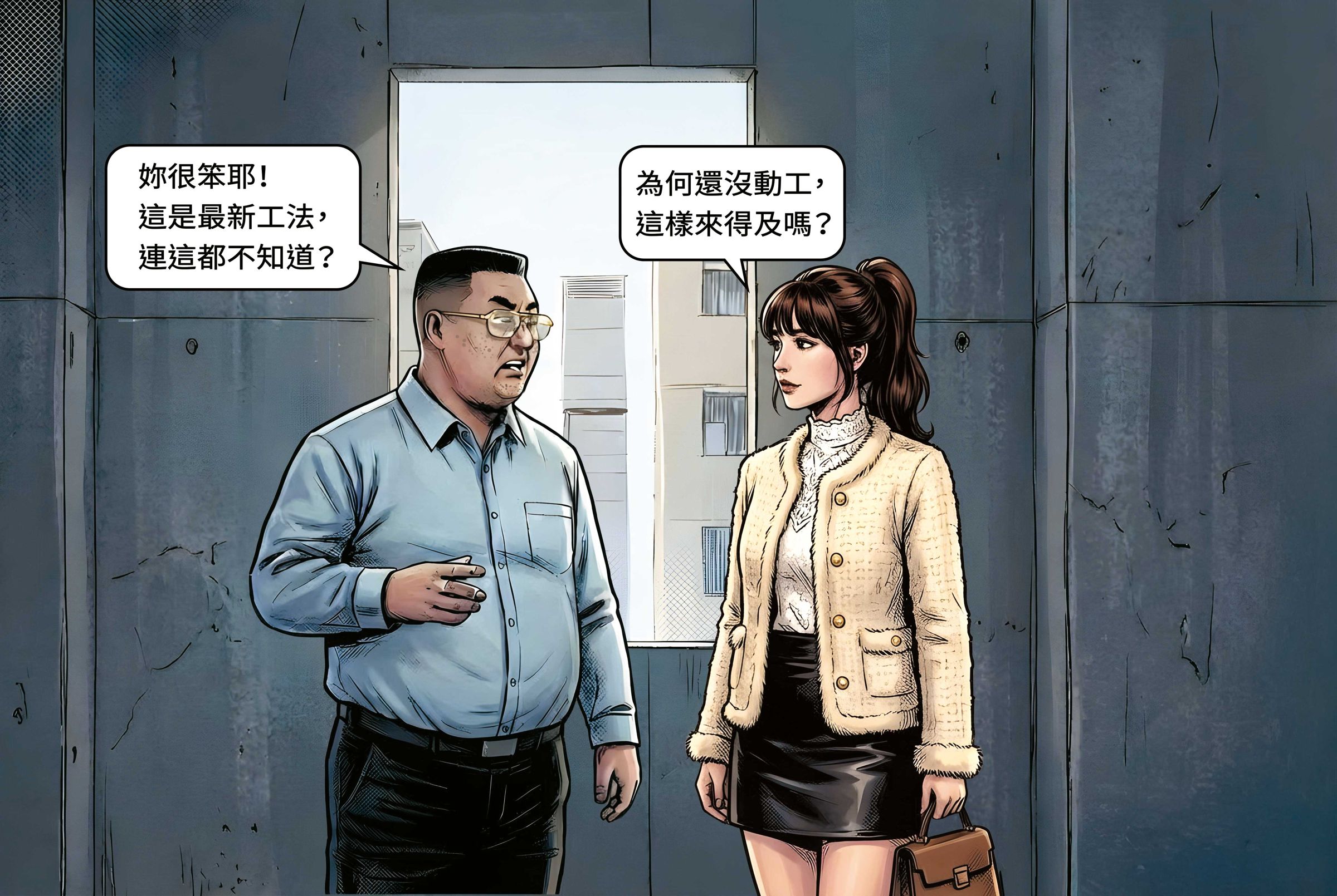 S小姐(右)詢問裝潢進度時,遭杜叙中(左)取笑,指最新的裝潢工法都先在外面工廠施作。(示意畫面,AI繪圖Freepik生成,本刊美術組後製)