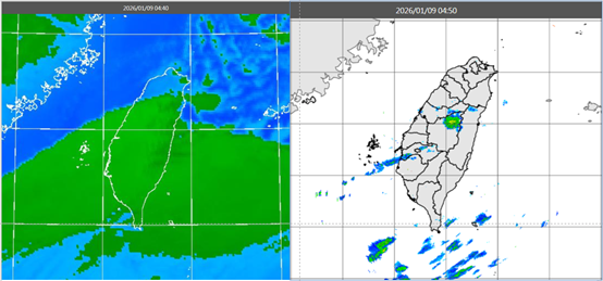今晨4：40紅外線雲圖顯示，中層雲向北移動、遮蔽中南部的天空（左圖）。4：50降水回波合成圖顯示，中層雲伴隨的降水回波很弱、且很零星（右圖）。（翻攝自氣象應用推廣基金會）