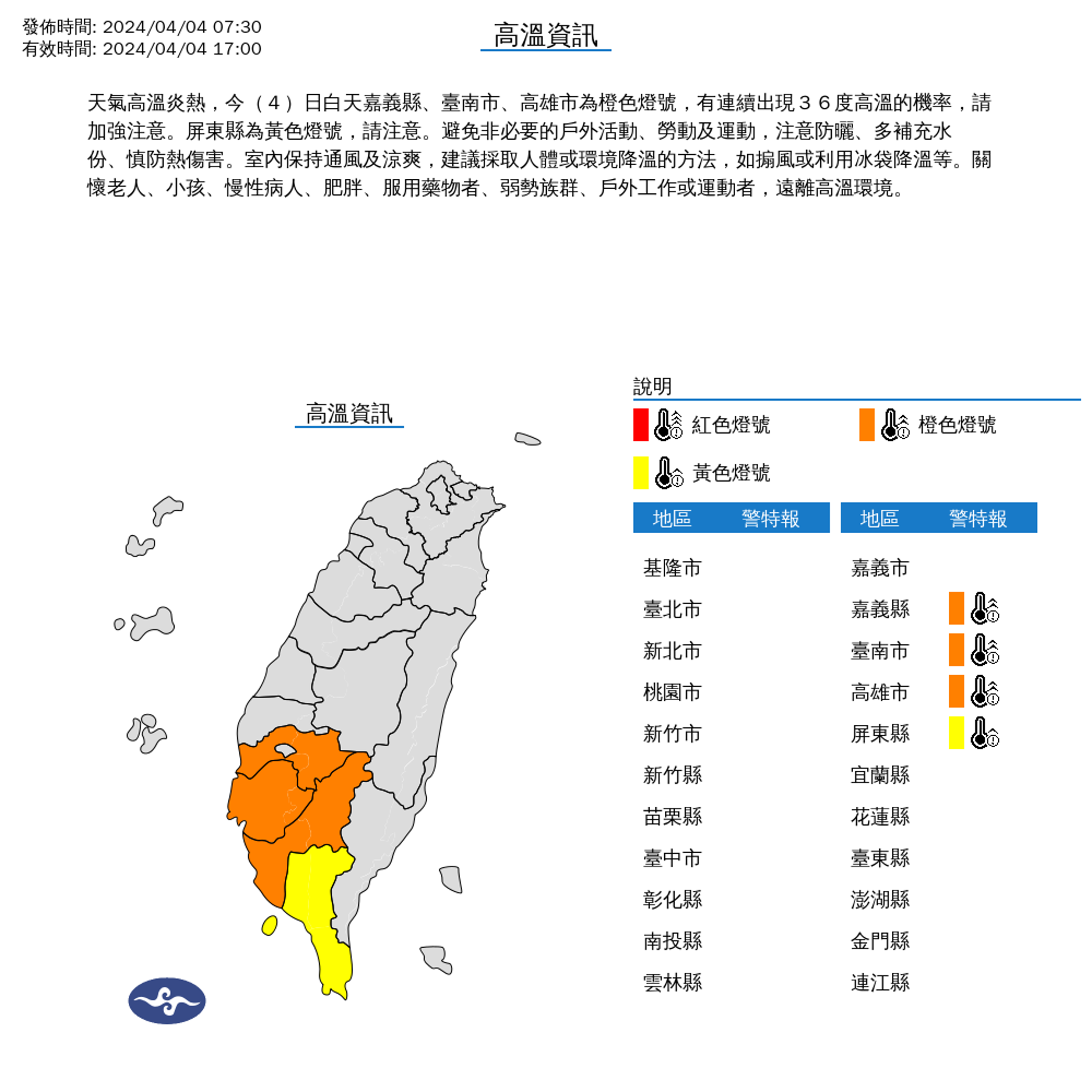 中央氣象署今早發布高溫警示,提醒4縣市要注意高溫。(中央氣象署提供)