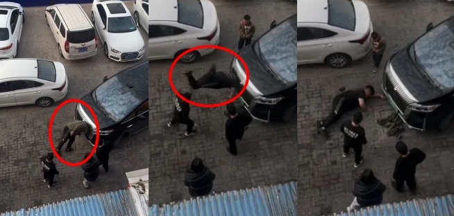 開封一名男子因停車糾紛情緒失控，竟以頭撞擊休旅車車頭，最終由救護車送醫，奇葩畫面在網路上瘋傳。（翻攝自X）