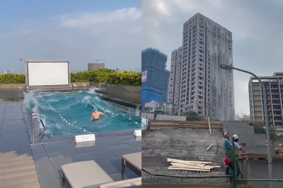 芮氏規模7.2強震震撼全台，多棟大樓「泳池」也傳出災情。（翻攝自爆料公社）