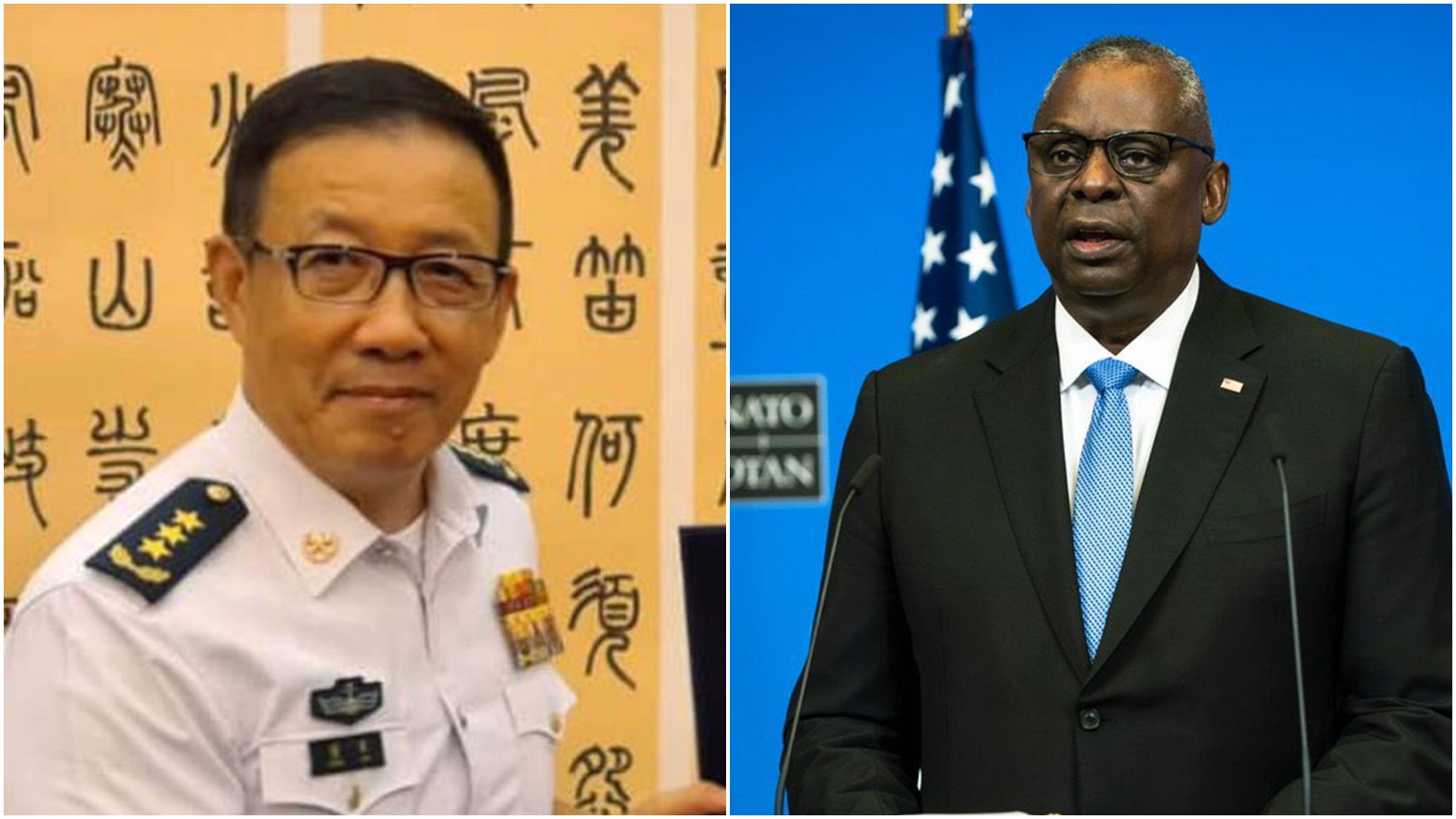 美國國防部長奧斯汀與中國國防部長董軍16日進行視訊通話。(翻攝自臉書@Republic of Singapore Navy、X@SecDef)