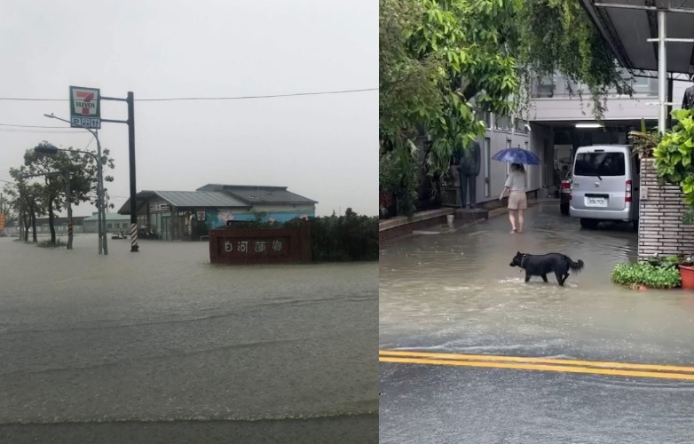 台南後壁地區清晨遭大雨襲擊,街道出現明顯積水。(翻攝自Threads @mamayang888)