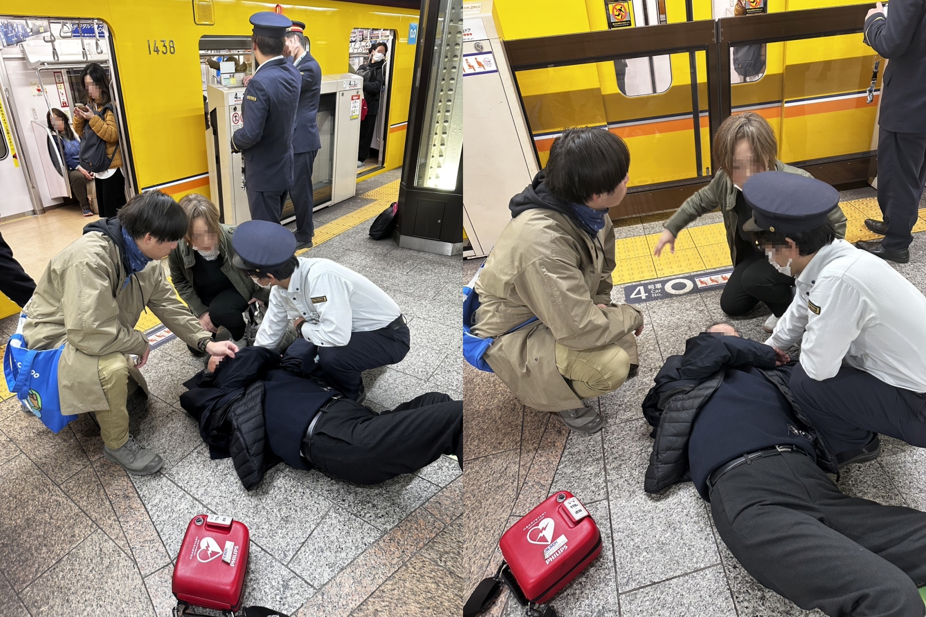 桃園市消防局龍潭分隊2名消防員日前在東京神田車站遇到民眾昏倒，緊急衝出車廂提供協助。（翻攝臉書「桃園市政府消防局龍潭消防分隊」）