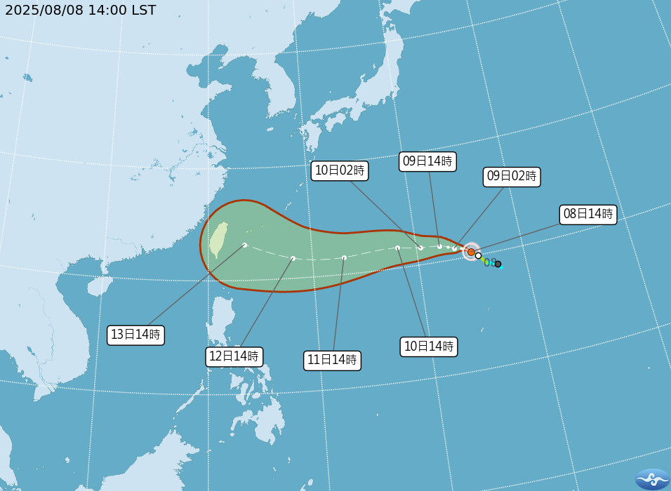 輕颱楊柳未來預測路徑北調，強度減弱。（翻攝氣象署官網）