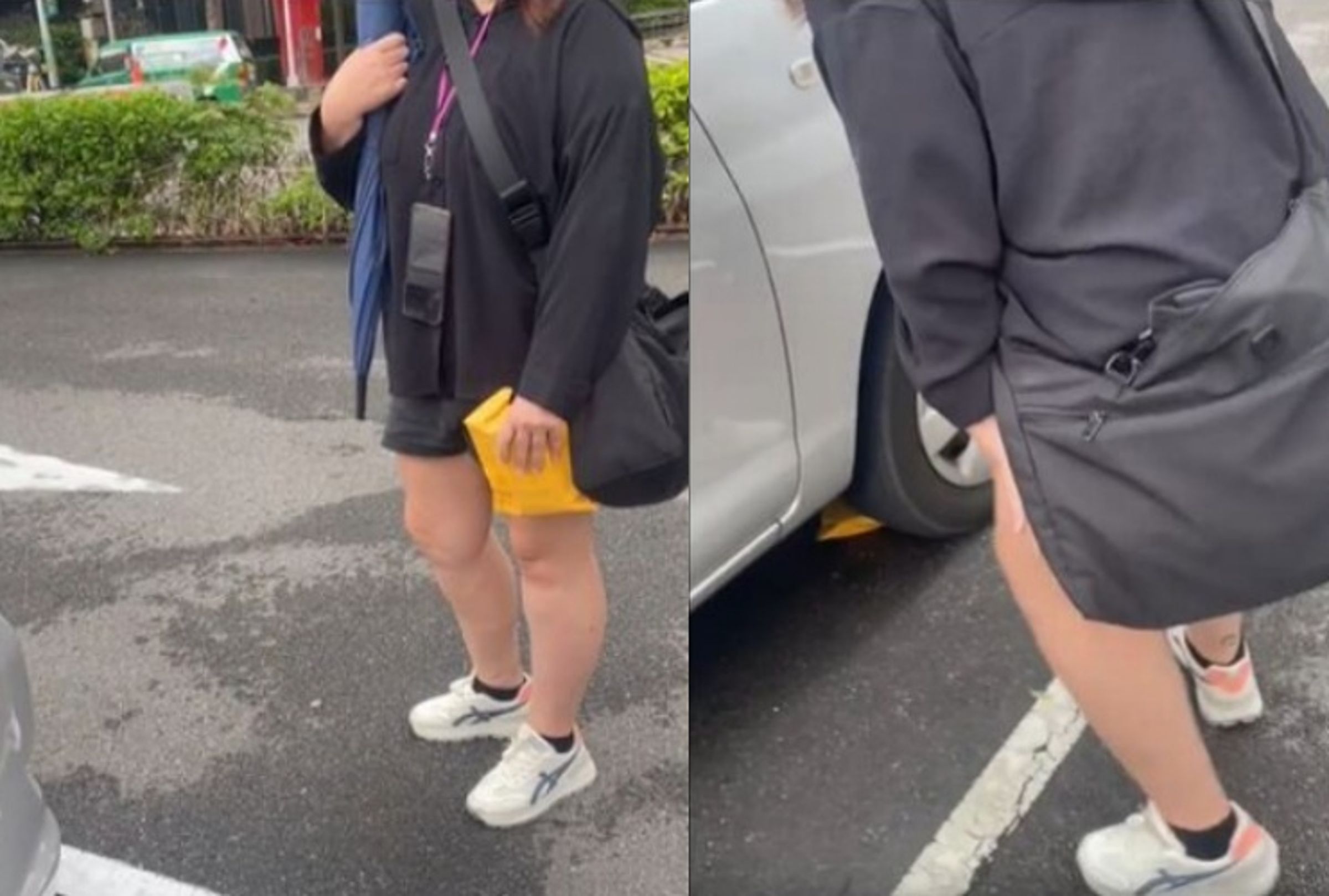 一名女子被拍到在板橋停車場「蹲車旁塞紙袋」,聲稱是主管要來拿,詭異行徑引發網友熱議。(翻攝自爆料公社)