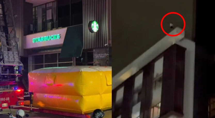 目擊民眾拍下的勤美綠園道15樓頂樓白衣女子身影，消防緊急架設氣墊與雲梯車搶救。（翻攝記者爆料網 / Threads @pt_motodaily）