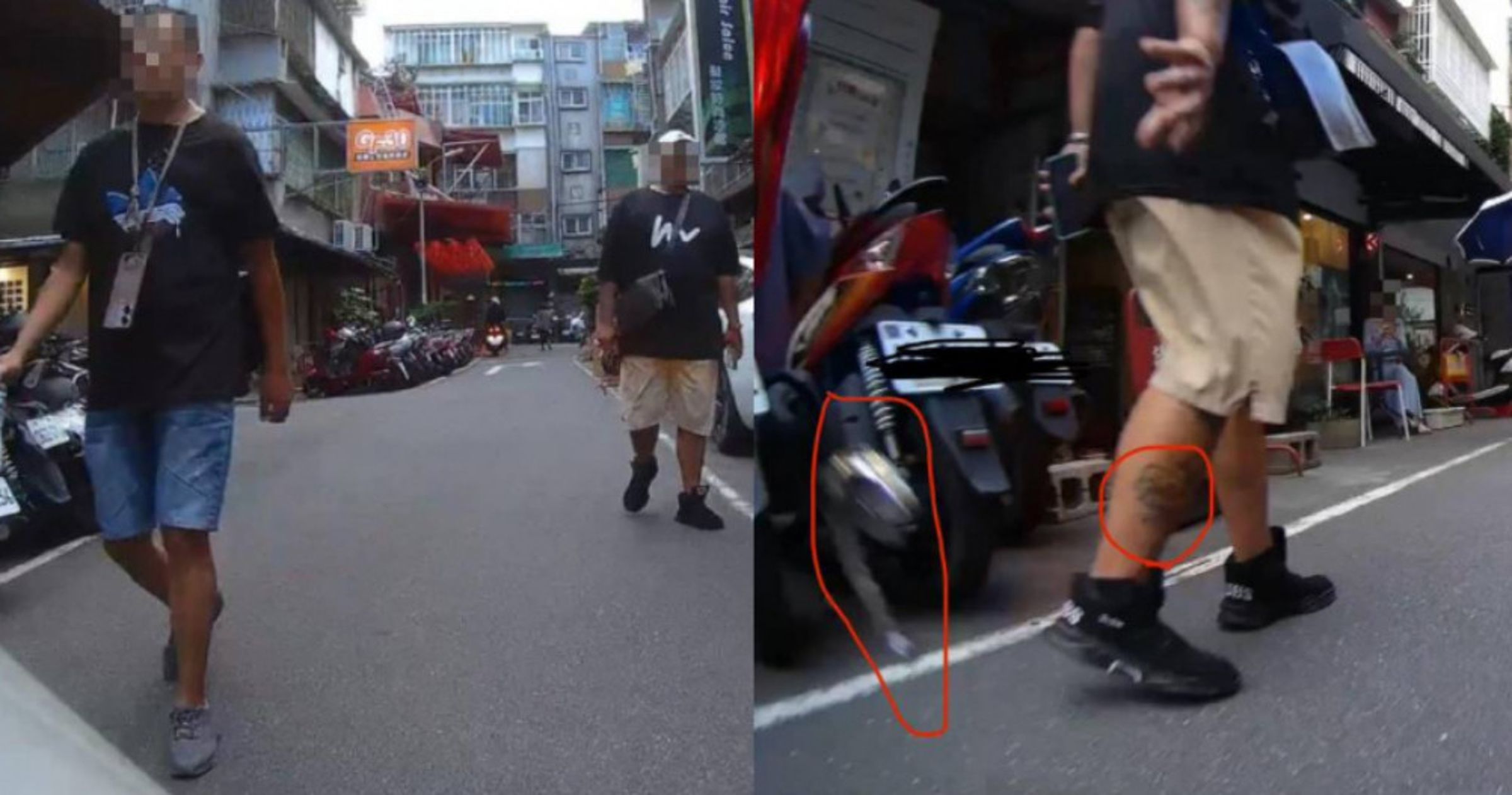 網友公開碰瓷黨嫌犯的刺青特徵,並說明兩人犯案手法,呼籲大家提高警覺。(翻攝自臉書社團「我是板橋人」)