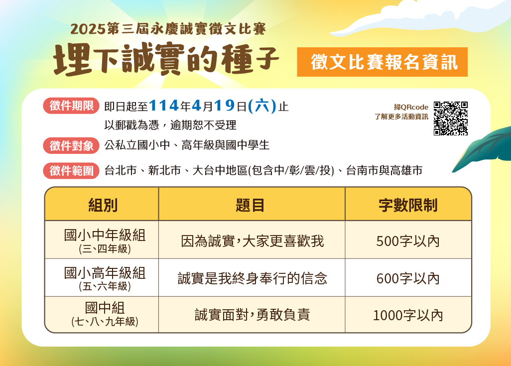 「埋下誠實的種子~第三屆永慶誠實徵文比賽」報名資訊。（永慶房產集團提供）