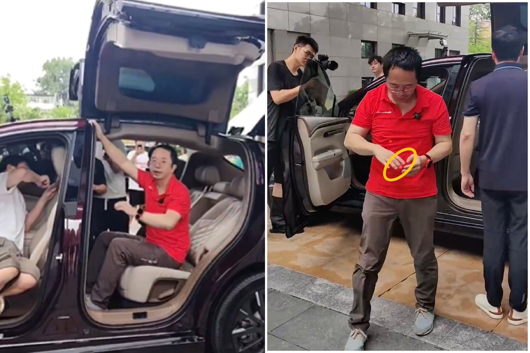 中國大老闆坐國產電動車，測試車門防夾功能！手指慘遭「拶刑」夾爆。（翻自X平台）