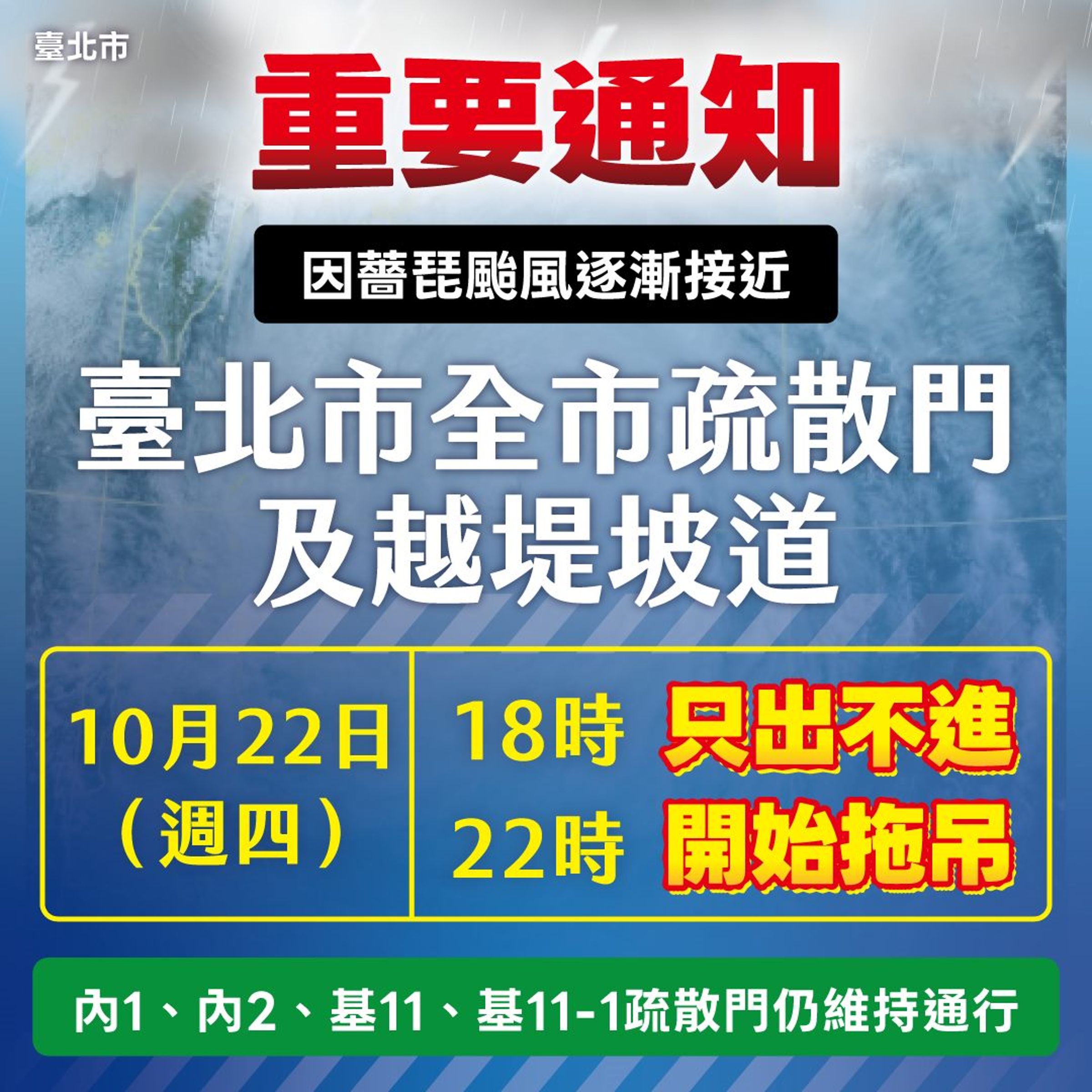 水利工程處宣布,18時起執行疏散門及越堤坡道「只出不進」管制,22時將開始拖離堤外停車場滯留車輛。(北市府提供)