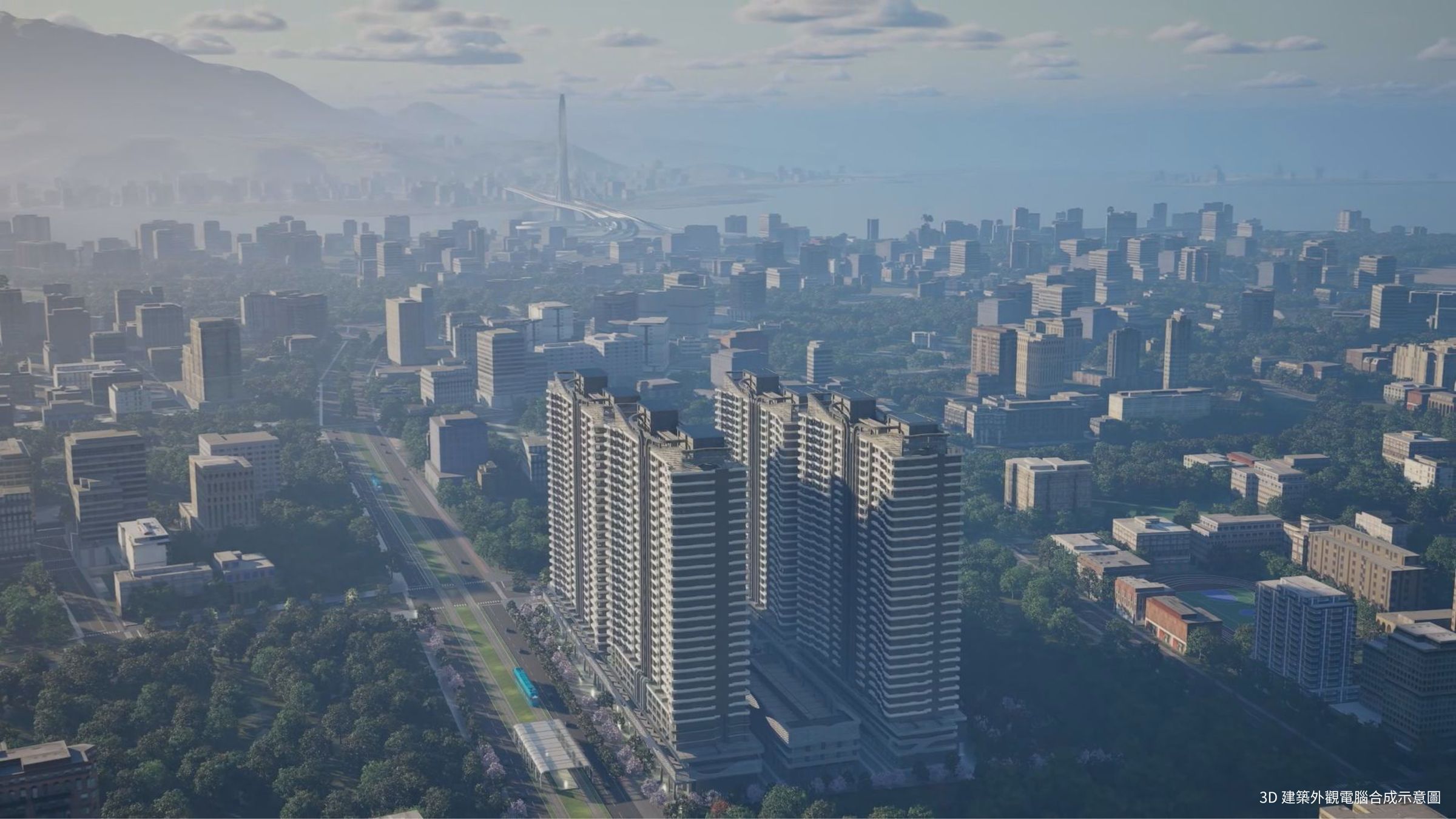「新海城 2－夢想市」坐落於淡海科學城核心商業區與明星學區中心，鄰近輕軌V10站，完美承接交通通車與國家級政策的發展紅利。（圖為3D建築外觀電腦合成示意圖）