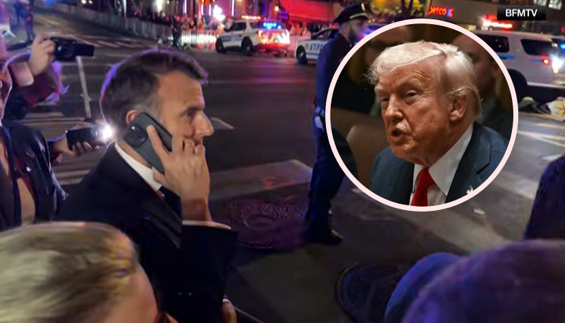 馬克宏在紐約街頭被攔下，急忙call out川普求救。（翻攝自YouTube／川普臉書）