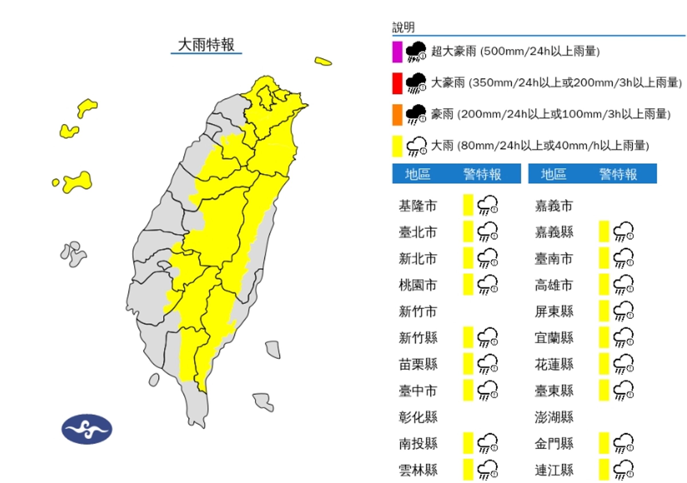 中央氣象署發布大雨特報。（翻攝自中央氣象署官網）